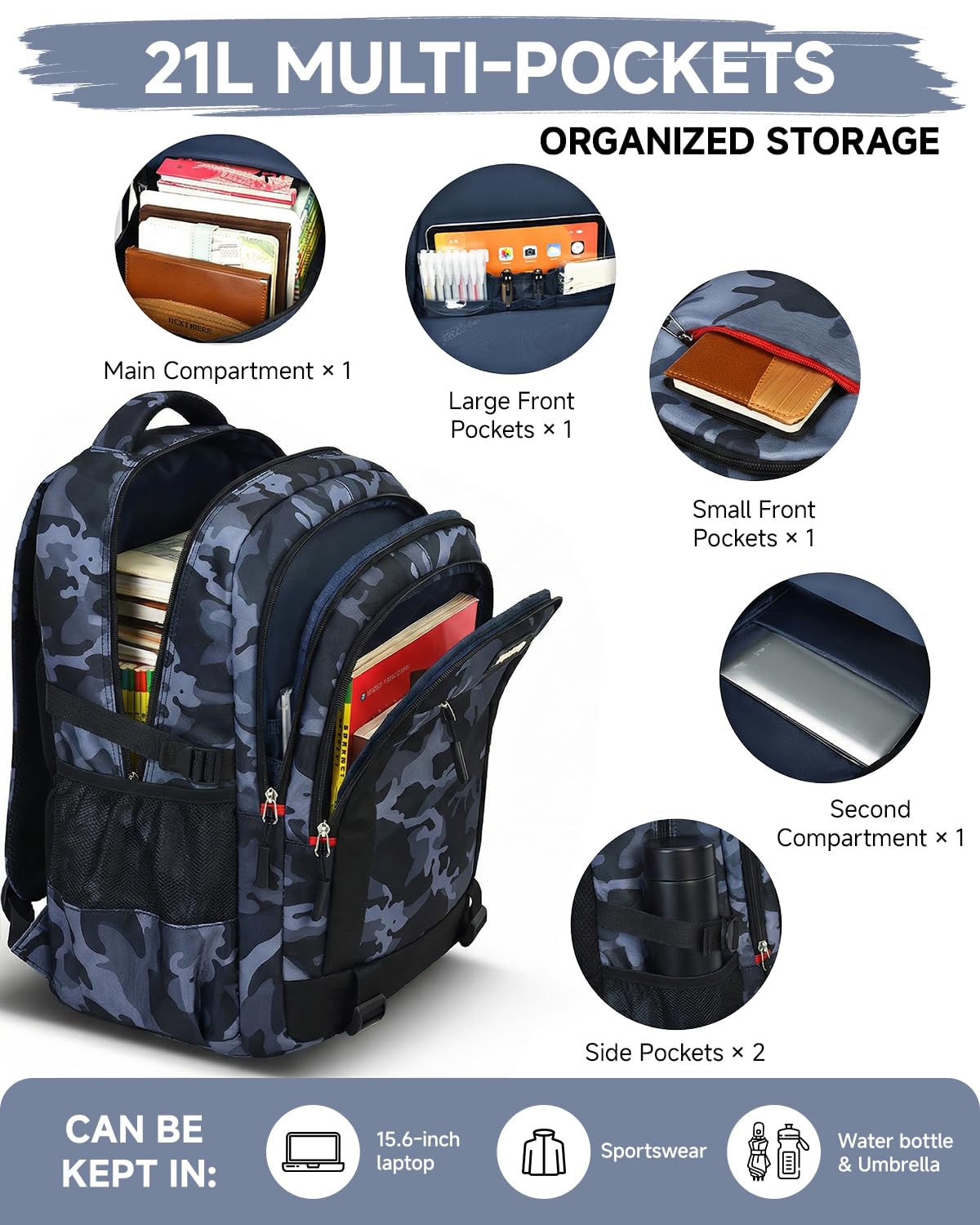 Amythe Mochila Escolar para Chicos Adolescentes, Mochila Hombre Ergonómica de Camuflaje, Mochila Informal de Gran 30L, Impermeable, para el colegio, los viajes y la universidad