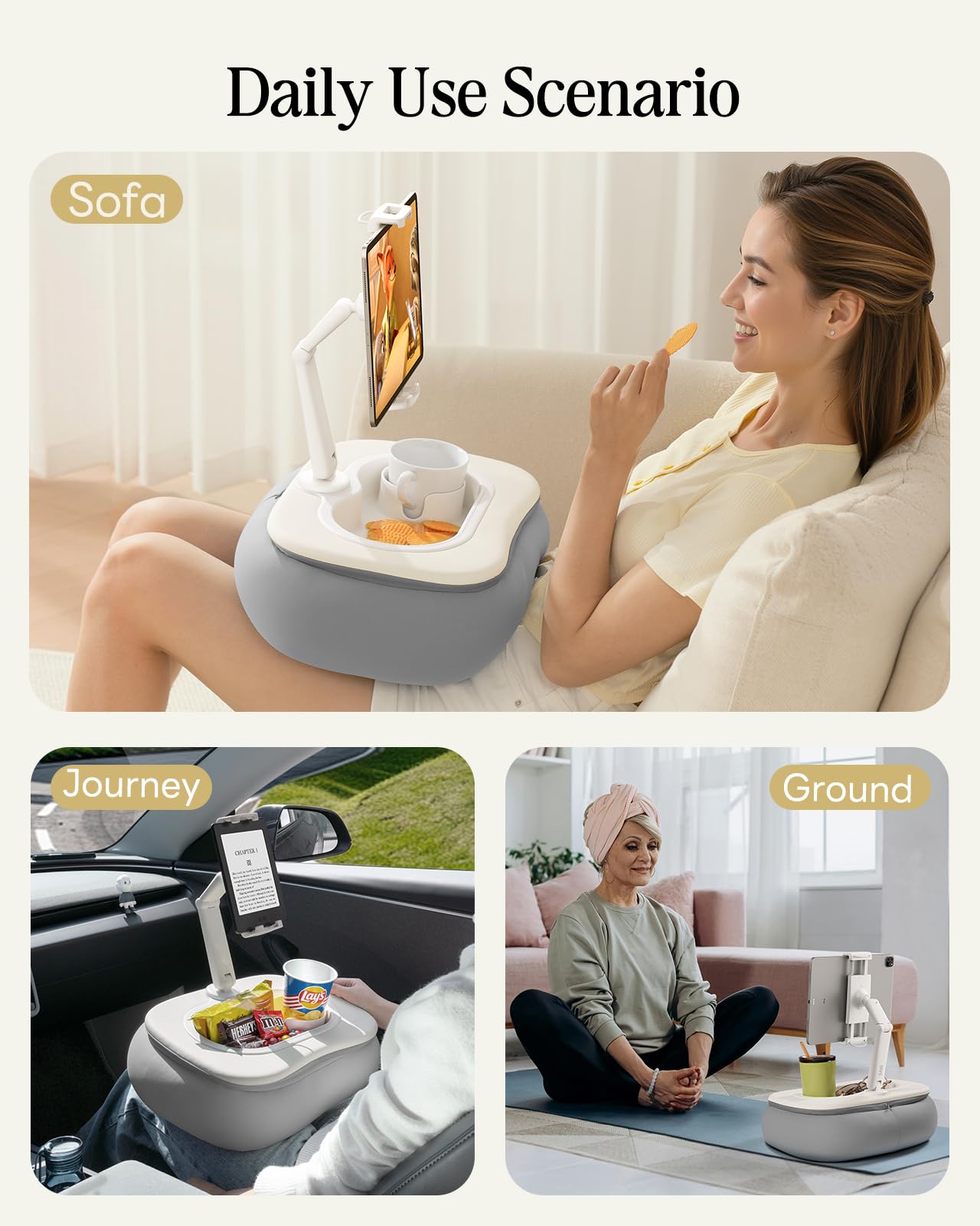 SAIJI Tablet-Kissenständer für Bett, verstellbarer iPad-Halter mit lebensmittelechter Snackschale, Kindle-Zubehör zum Lesen, geeignet für 11,9–33 cm (4,7–13 Zoll) Kindle, Handy, Tablet, Grau