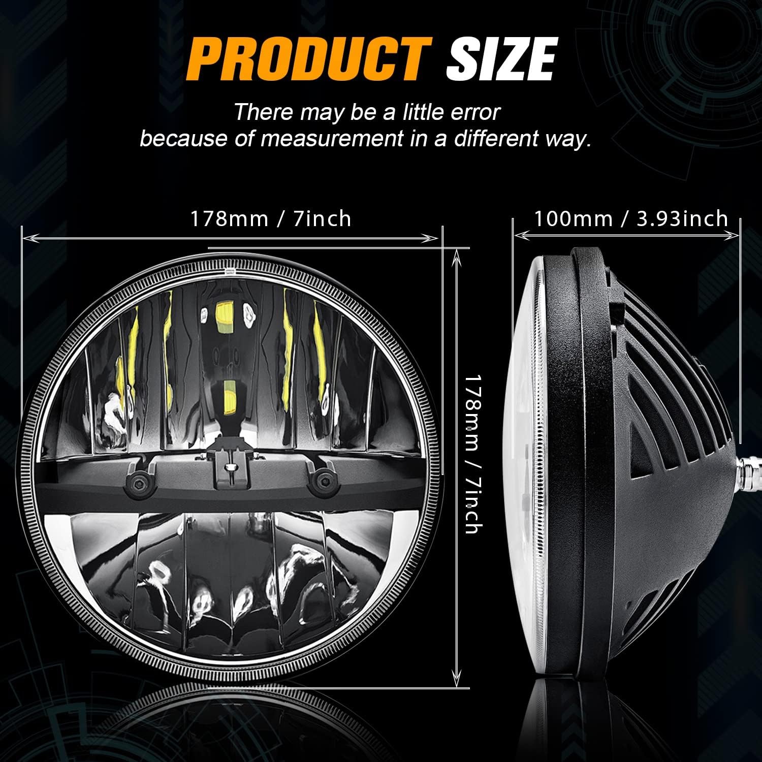 Diagram showing the dimensions of the 7-inch round LED headlight.