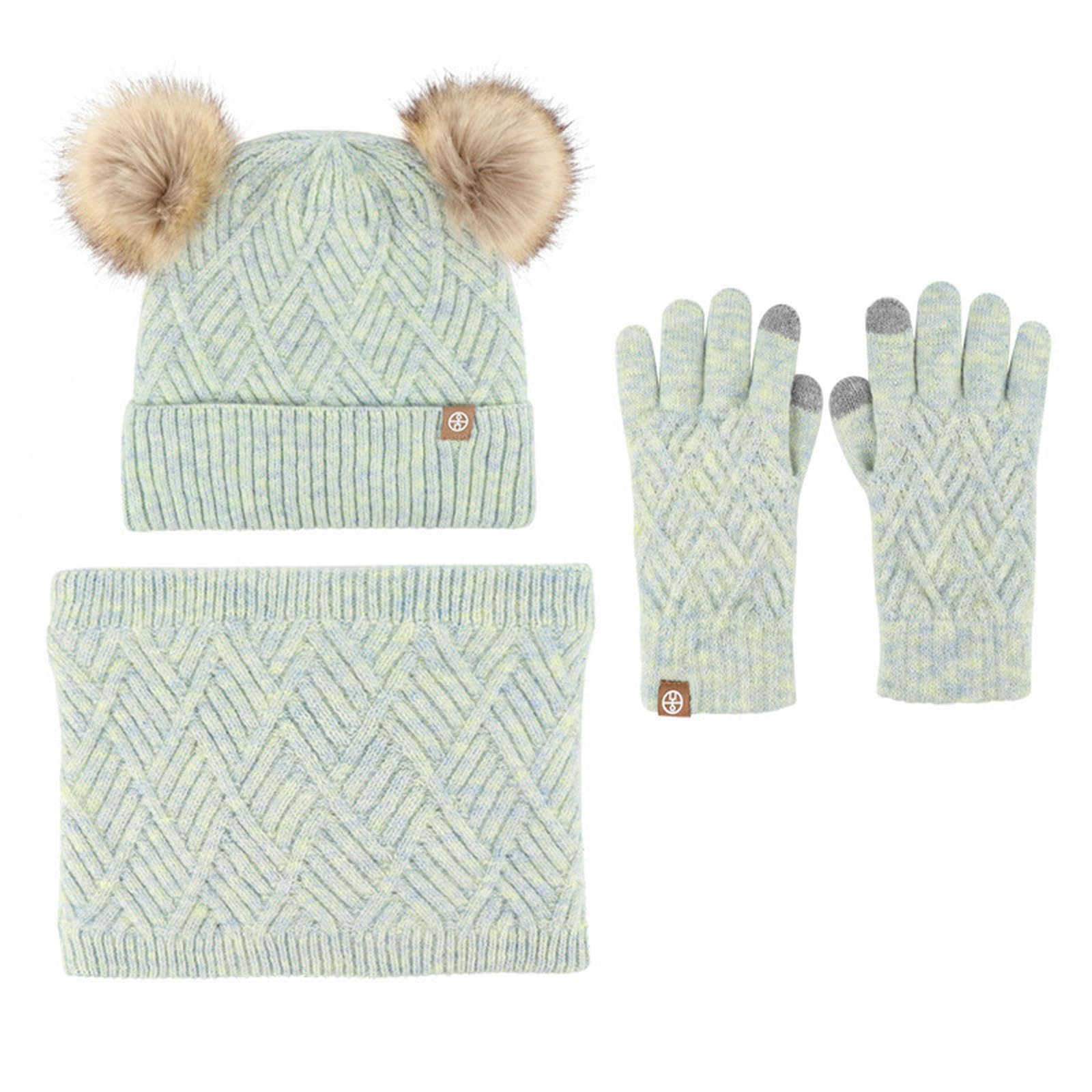 Mütze, Schal & Handschuh-Sets Für Damen Kinder Winter Wolle Warme Strickmütze, Schal, Handschuhe, Dreiteiliges Set Plus Plüsch Ballmütze Dreiteiliges Set-grün