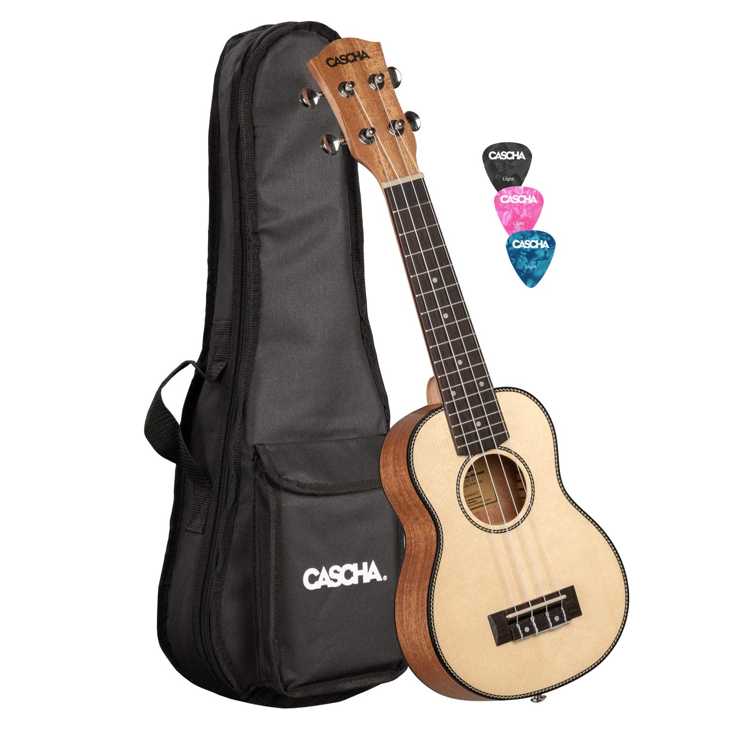 CASCHA profesjonalny zestaw ukulele sopranowe, masywna góra świerkowa, 53 cm ukulele z nylonowymi strunami Aquila, akcesoria, wyściełany gigbag i 3 kostki
