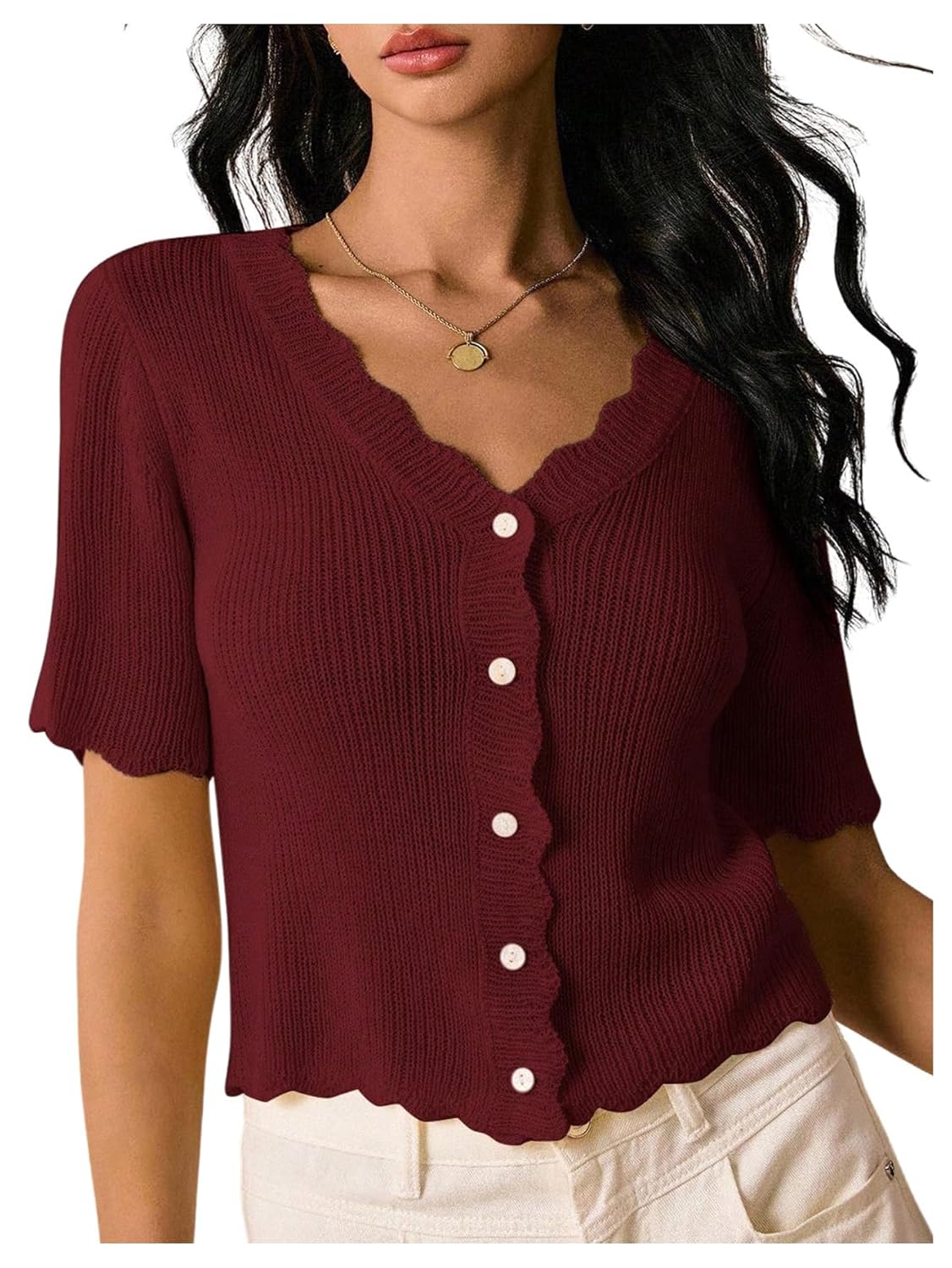SOLY HUX Womens Knitted Top Short Sleeve V Neck Button Down Cardigan Scallop Sweater