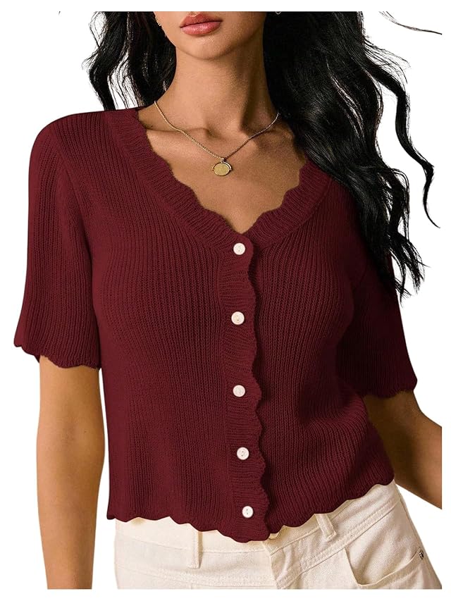 SOLY HUX Womens Knitted Top Short Sleeve V Neck Button Down Cardigan Scallop Sweater