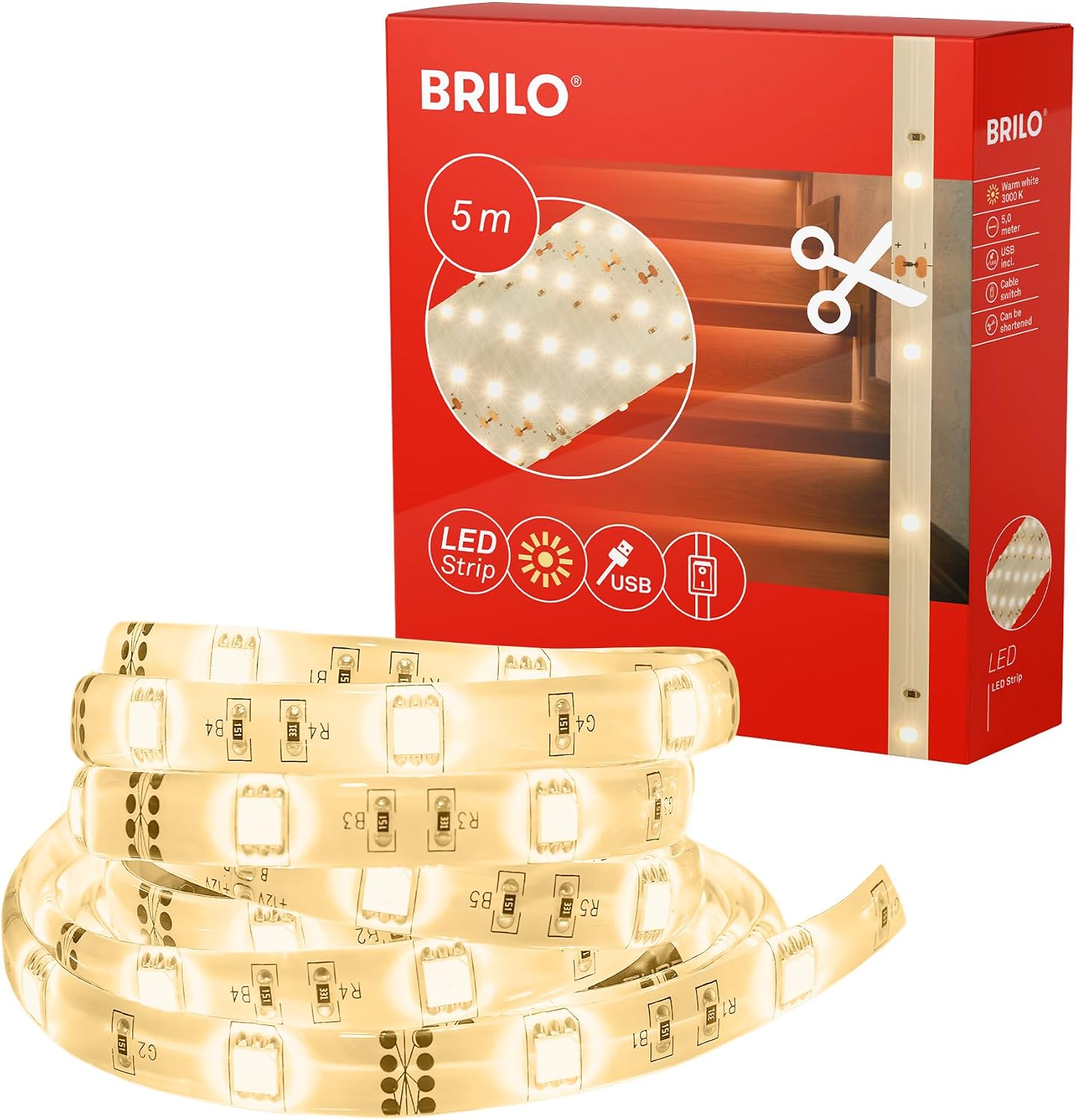 BRILONER 5m LED trak z USB, toplo bel, zatemnitev, stikalo