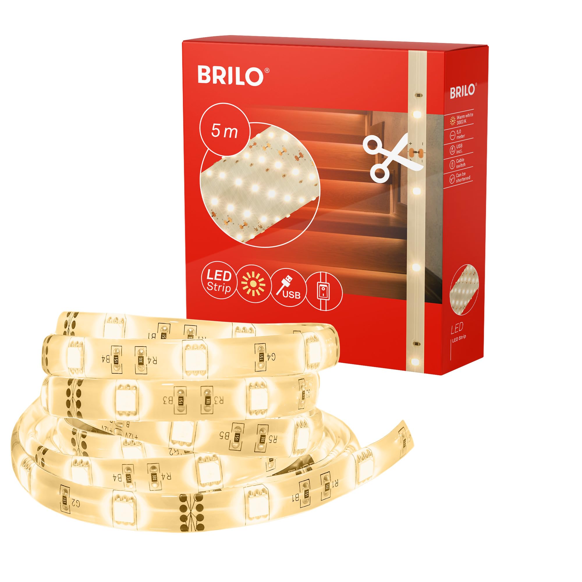 Bande LED 5m BRILONER ruban lumineux USB blanc chaud avec interrupteur
