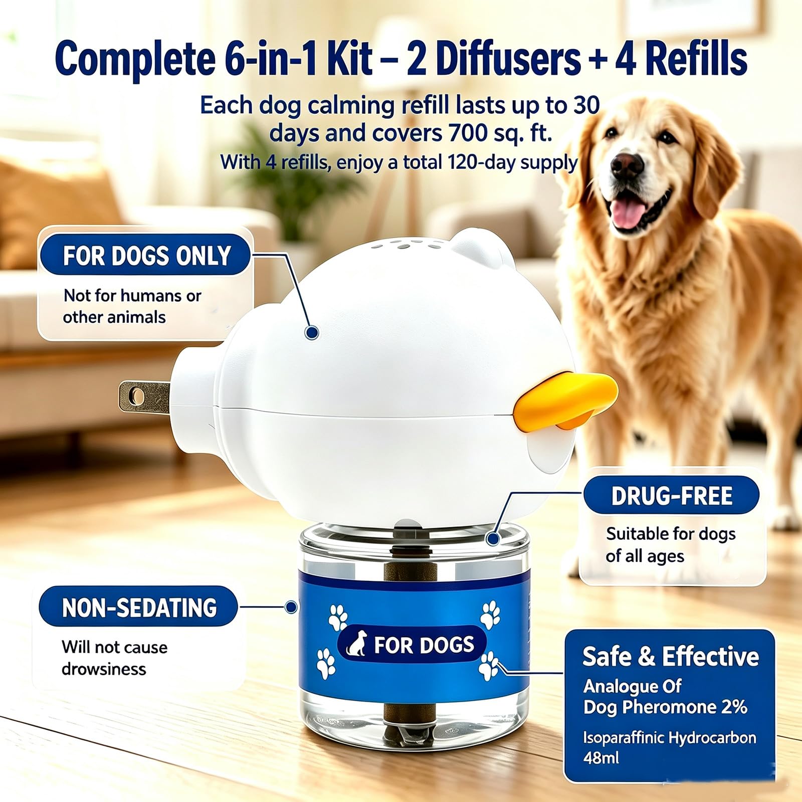 Kit diffuseur de phéromones apaisantes pour chien, 2 diffuseurs + 4 recharges, approvisionnement de 120 jours, couvre 700 m², branchement inodore pour soulager l'anxiété, le stress de