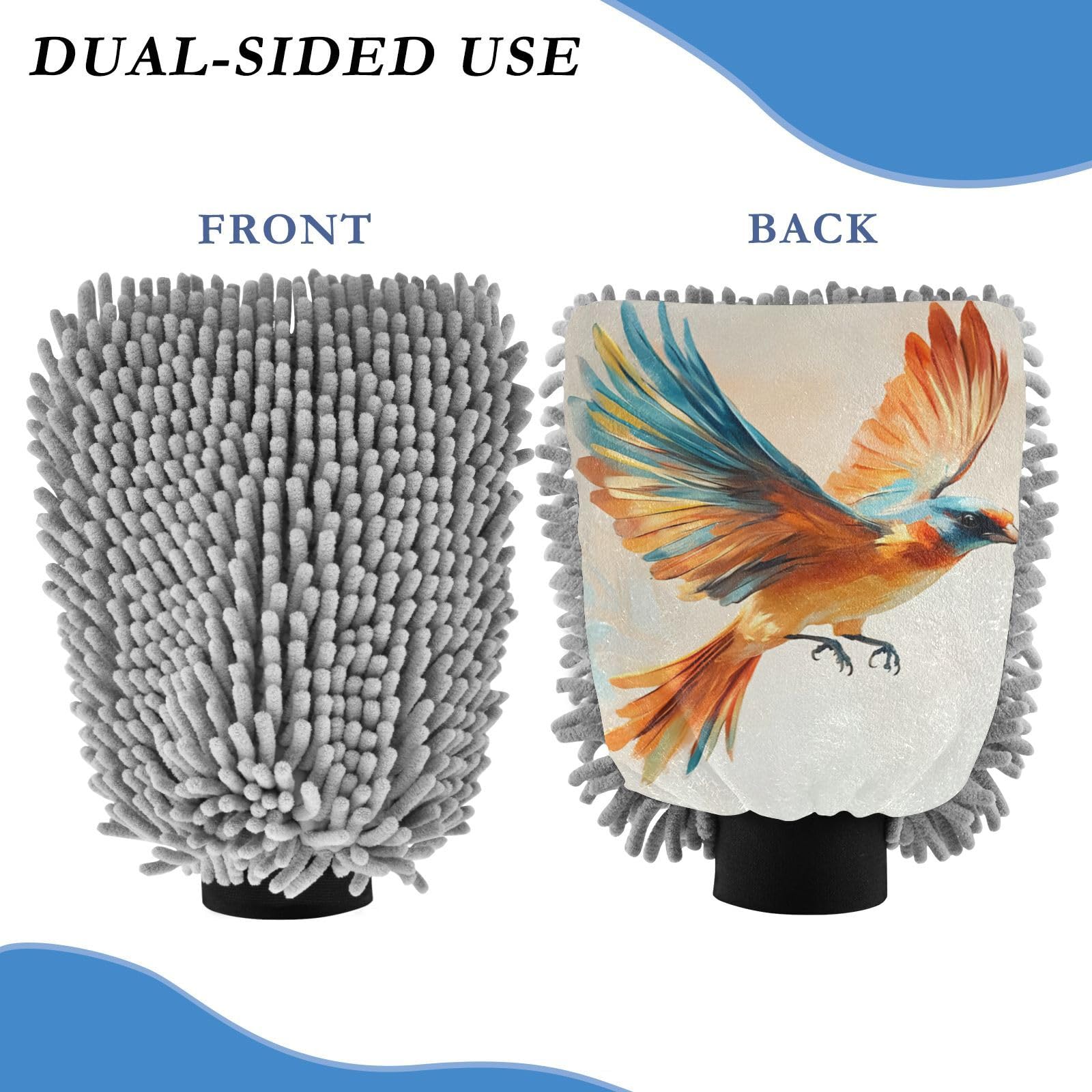 STAYTOP Beautiful Painted Bird Car Wash Mitt Microfiber, 2Pcs Scratch Free Lint-Free, Premium Chenille Microfiber Mitt Car Wash Brush-M