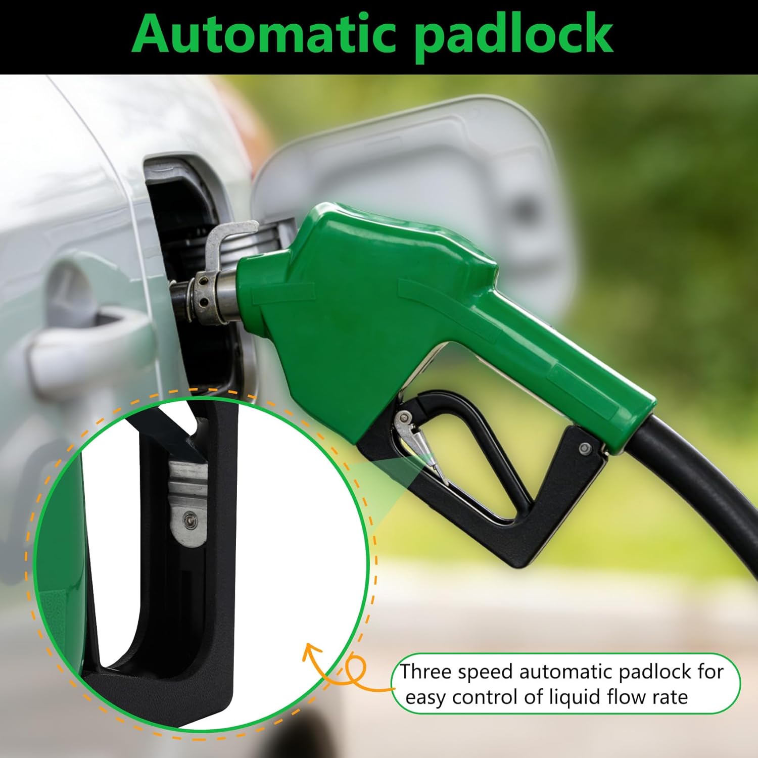 Azdele 3/4" NPT Fuel Nozzle & Hose Swivel, Auto Shut Off Diesel Fuel Transfer Nozzle, 3-speed Padlock Max Flow 16 GPM, Automatic Fuel Nozzle Used for Gasoline, Diesel, Biodiesel, Kerosene