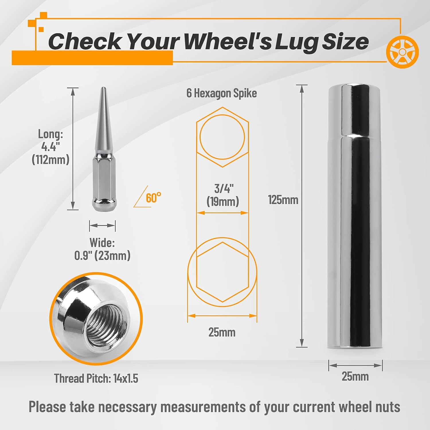 MIKKUPPA 14 mm x 1.5 Wheel Spike Lug Nuts, 24 x Chrome M14x1.5 Lug Nut, Cone/Conical Bulge Seat, MIKKUPPA Silver Closed End Nuts with 1 Socket Key for Silverado Aftermarket Wheel : Automotive