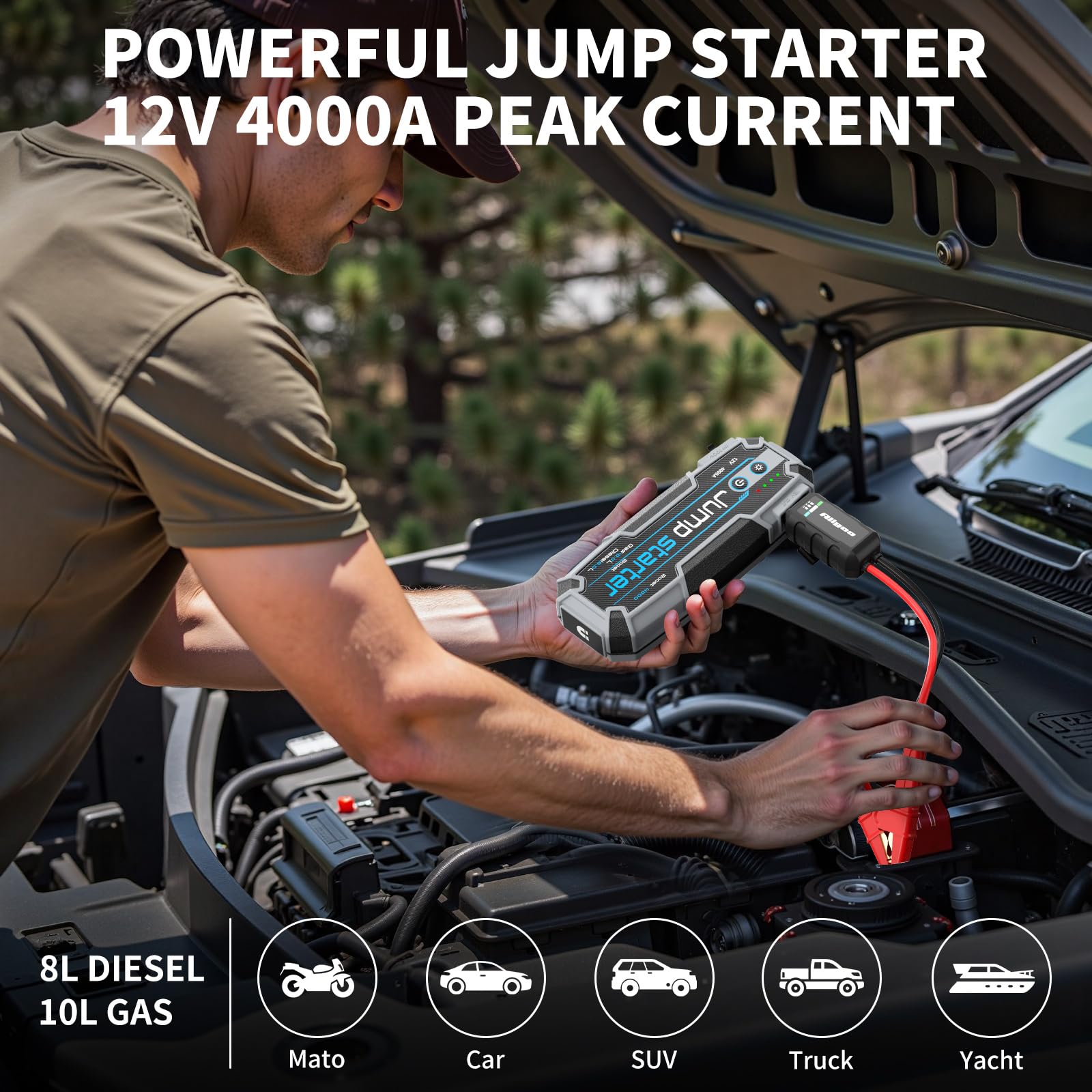 Aligoo Car Jump Starter Leather Texture Shell PD100W Power Bank IP67 Portable Car Jumper 12V 4000A Peak 10L Gas/8L Diesel 10 Protect Smart Clamps 88.8Wh Magnetic Hook LED for Phone/I pad/Truck/Outdoor