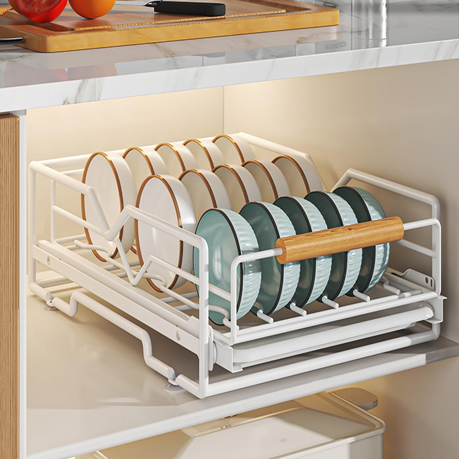 Geschirrhalter für die Küche, Weißer Geschirrtrockner mit Schublade, 40 x 30 x 13 cm, mit herausnehmbarer Abtropfschale(Bowl Racks)
