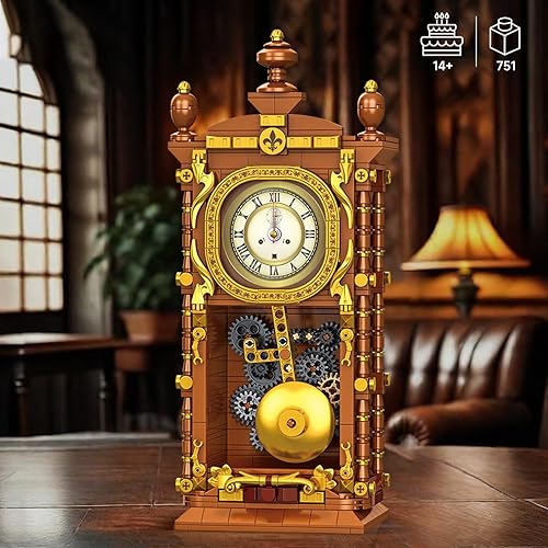 Miniatura 7 de Juego de bloques de construcción de reloj oscilante vintage, 751 piezas de reloj mecánico de trabajo real con alarma, péndulo móvil y esfera