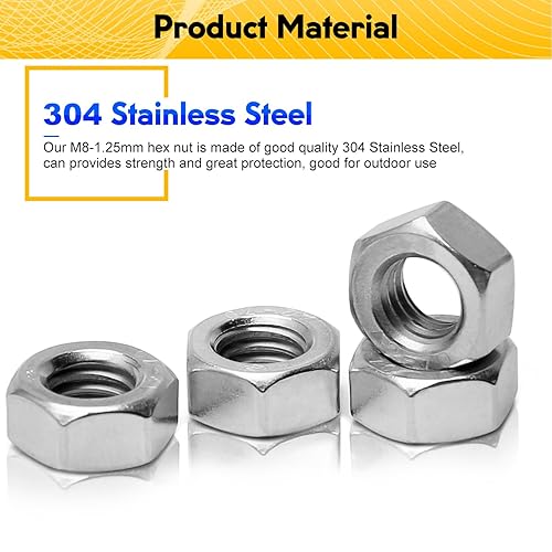 Miniatura 3 de Tuercas hexagonales M8-1.25, acero inoxidable 304, accionamiento hexagonal M8 x 0.049 in, cierres de tuercas métricas, 0.5 pulgadas de ancho, 0.256
