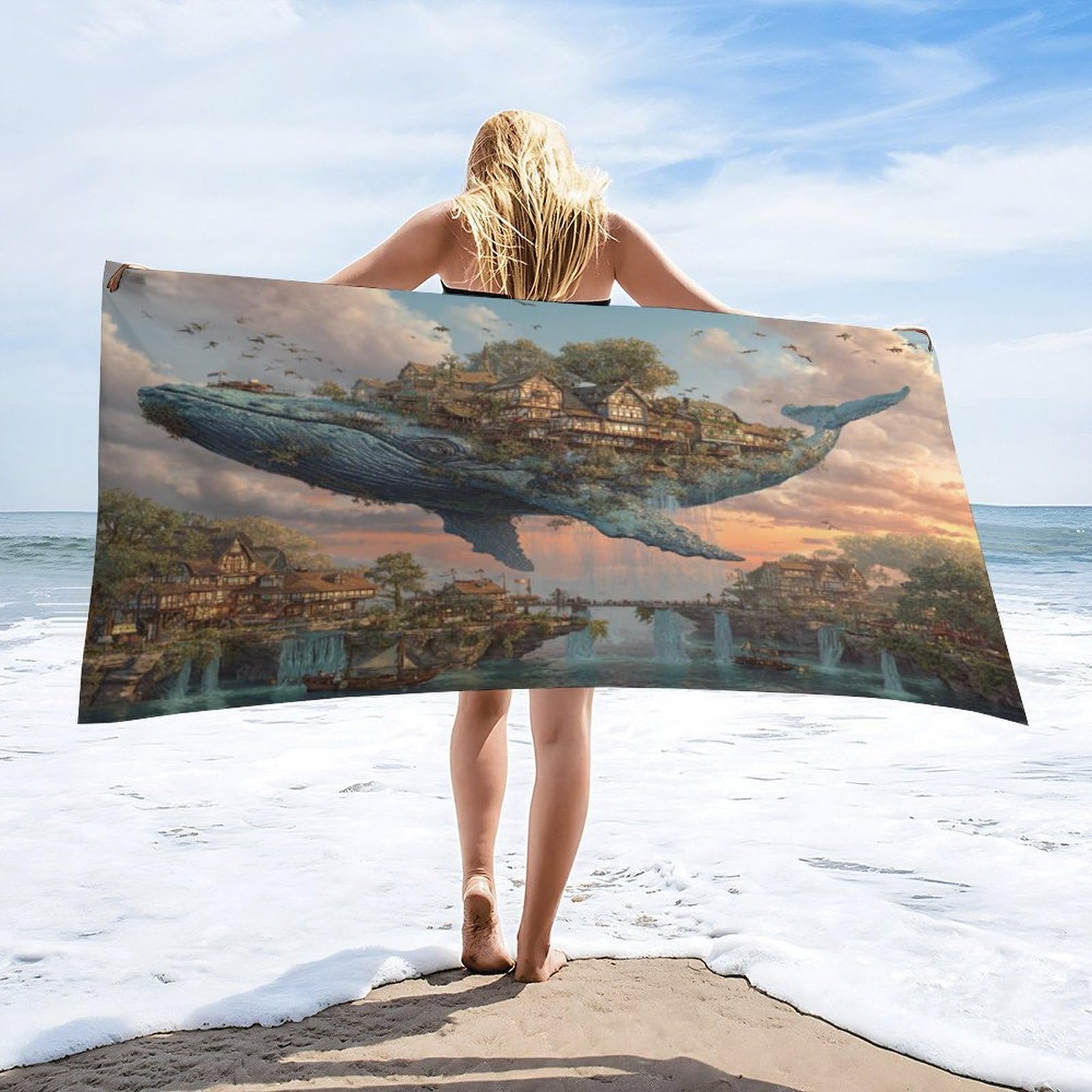 Luyysky Beautiful Classic Animal Whale Quick-Drying Beach Towel, Modern Abstract Nautical Fairy City Sea Life Whale Bird Travel Vacation Single Sided Pile Bathroom Towels-80 W Cm X 160" L Cm