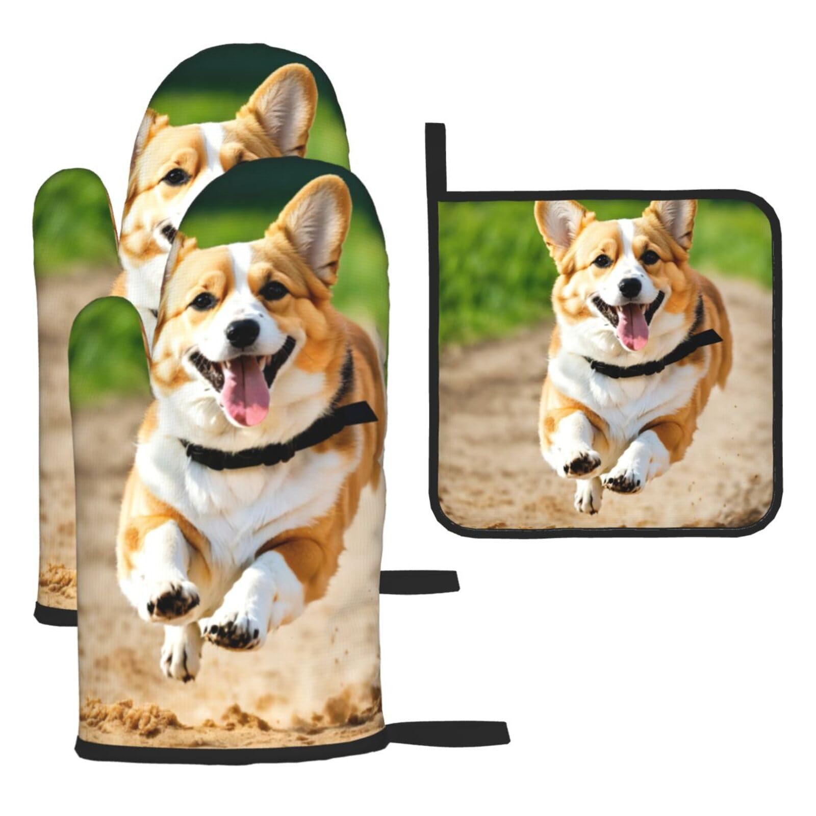 Cute Corgi Print Oven Kitchen Gloves For Baking Outdoor Grilling Home Use Mitts Microwaving Bbq