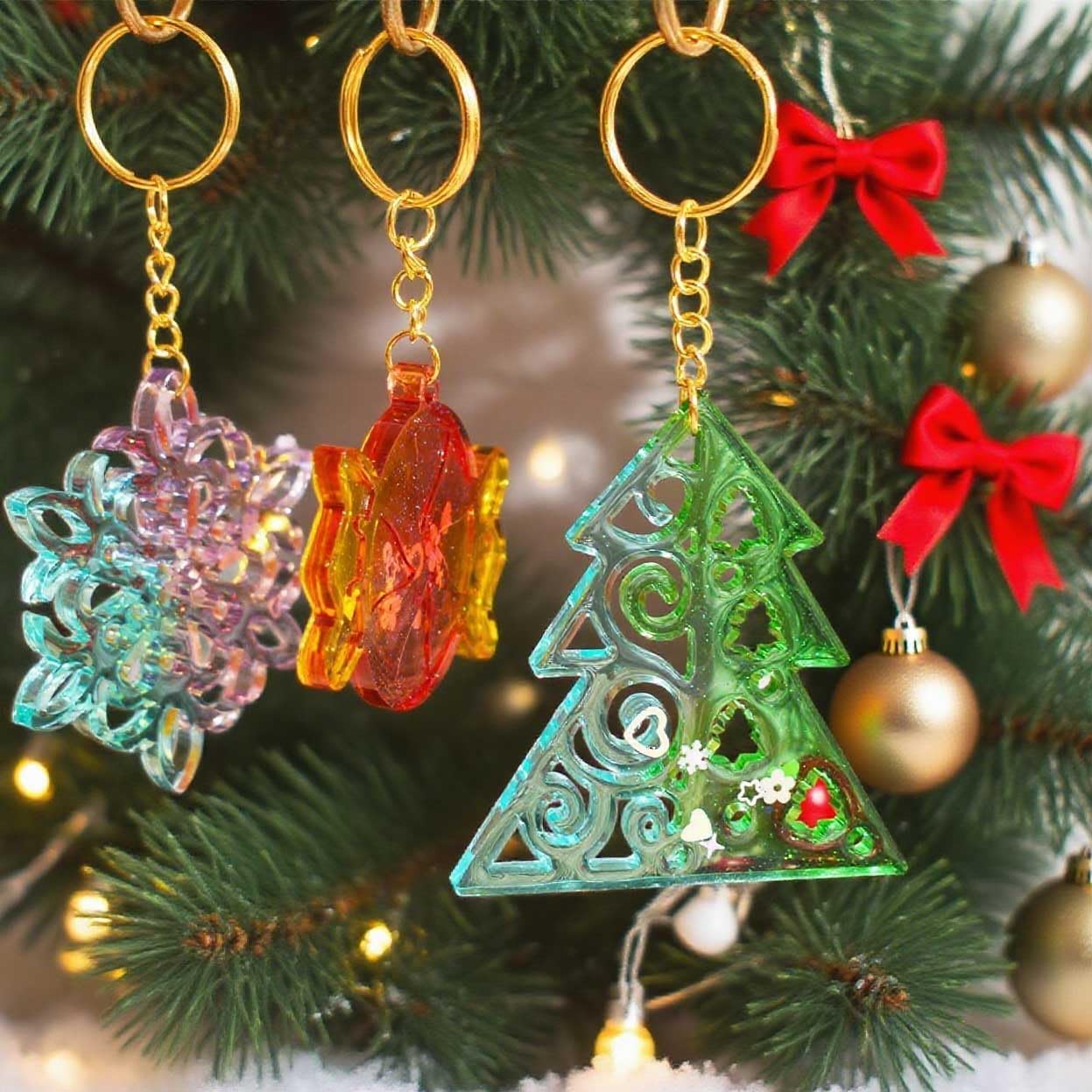 Christmas Silicone Resin Mould, 6 Designs with Reindeer, Tree, Snowflake, Heart, Bell for DIY Crafts