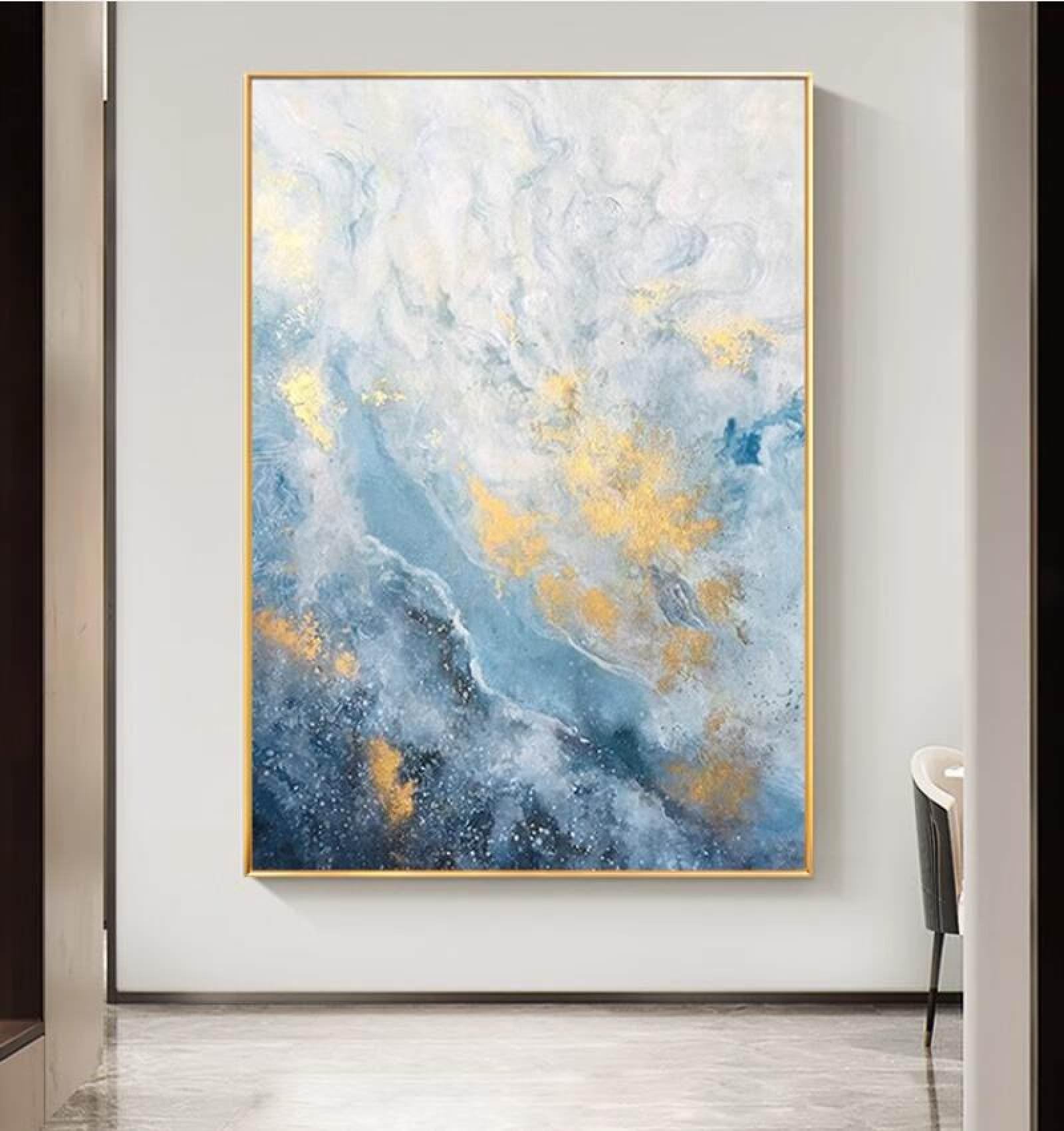 Peinture à l'huile texturée sur toile abstraite mer et feuille d'or pour chambre