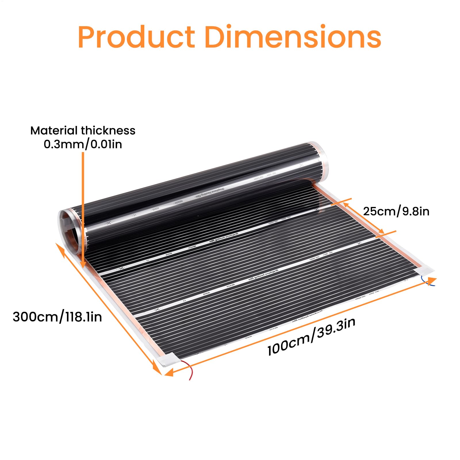 Lámina eléctrica de calefacción por suelo radiante de 220 W/m² de grafeno para suelos laminados, vinilo y madera, se puede cortar cada 25 cm, longitud de 3 m, superficie de calentamiento de 3 m²
