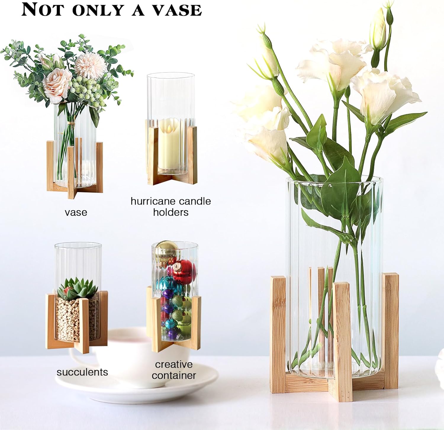 Glass Cylinder Vase with Wood Base,Bud Vase for Centerpieces,8 Inches Clear Ribbed Flower Vase,Tall Glass vase Hurricane Candle Holder,Wooden Vase Decorative for Home Decor,Wedding,Housewarming Gift - Image 4