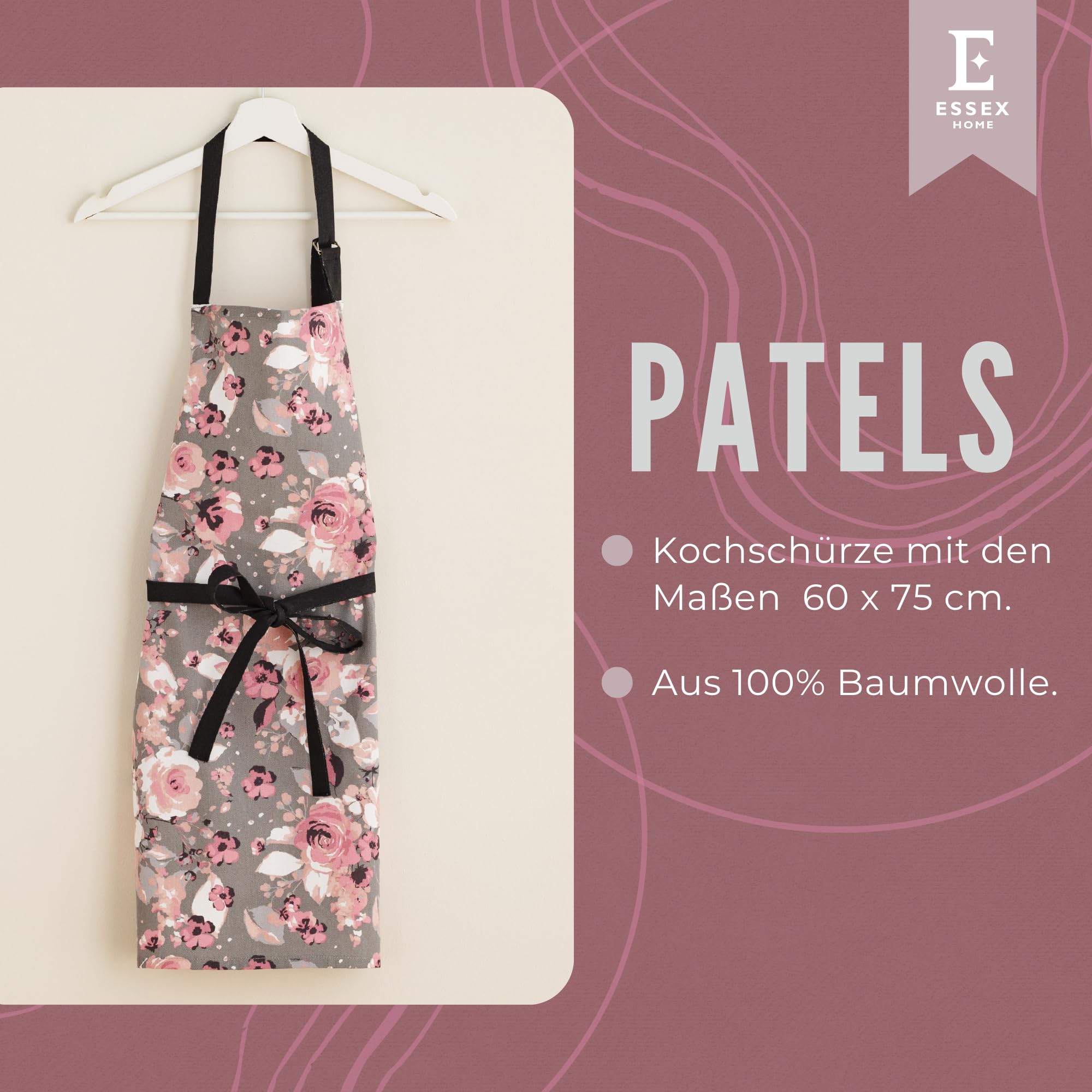 ESSEX - Fartuch kuchenny Patels, 60 x 75 cm, fartuch, 100% bawełna, fartuch kuchenny, kwiaty - szary