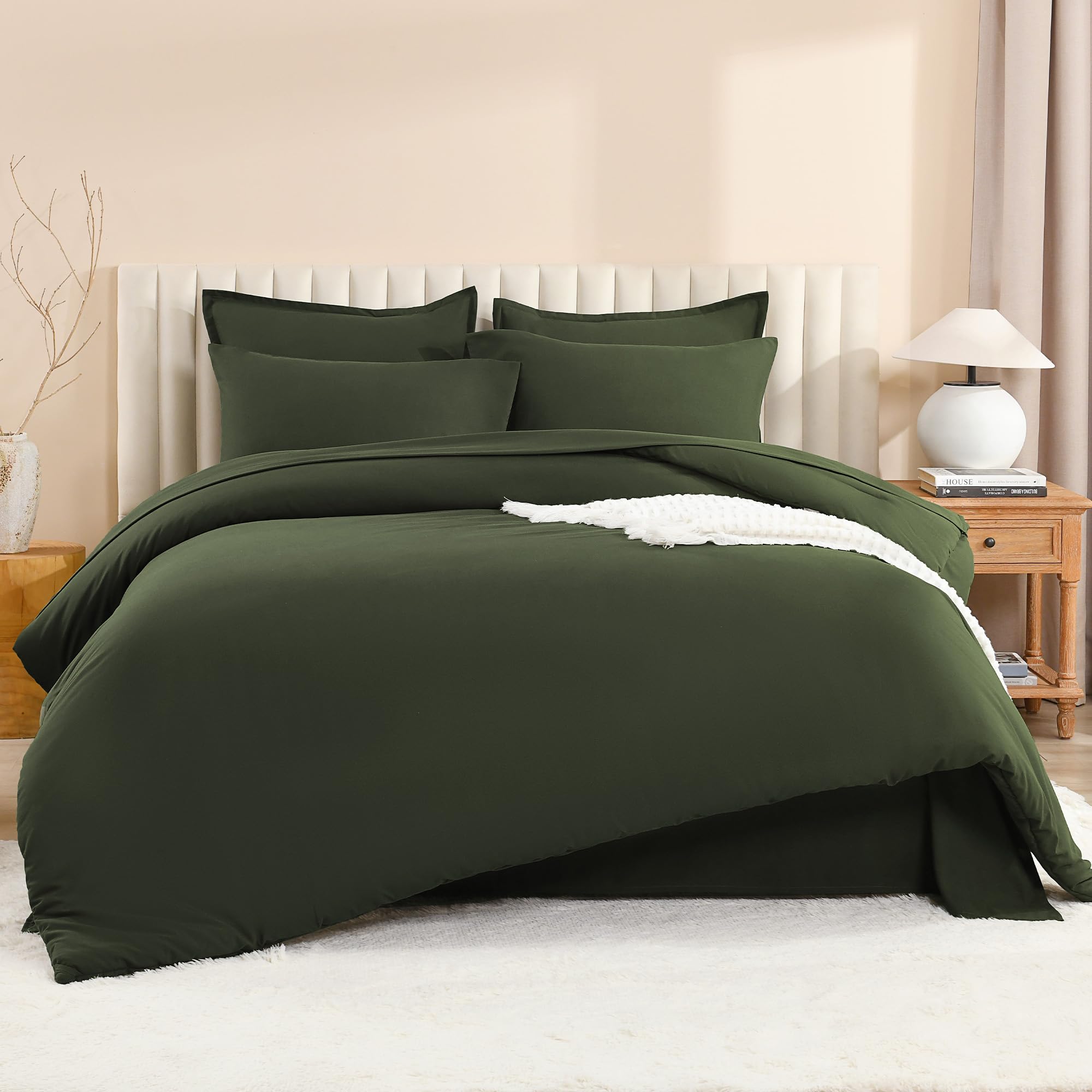 Photo 1 of Litanika Dark Olive Green Queen Size Comforter Set - 7 Pieces Bed in a Bag Queen Bedding Comforter Sets, Plain Lightweight Bed Set with Comforter, Sheets, Pillowcases & Shams