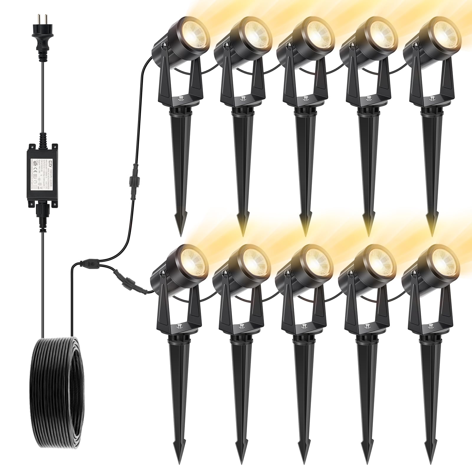 NIORSUN Gartenbeleuchtung LED, Warmweiß 3000K LED Strahler, IP67 Wasserdichter Gartenstrahler, 32 m 27 V Gartenleuchten mit Adapter, Gartenlampen für Draußen für Garten, Hof, Bäume(10er-Pack)