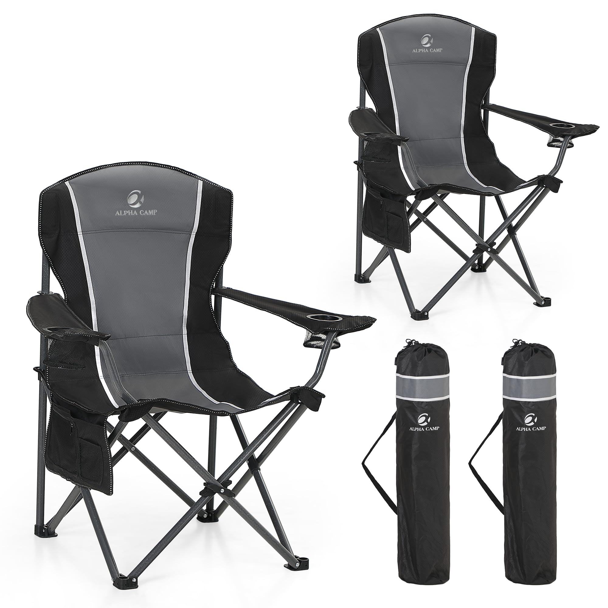 ALPHA CAMP Camping Folding Chair for Heavy People Portable Heavy Duty Chair Support 160 KG Oversized camp chair Outdoor for Adult with Cup Holder and Side Pocket, Black/Gray, 2PCS