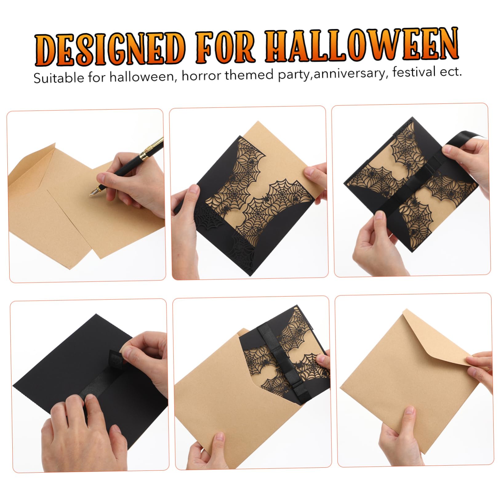 5er-set Einladungskarten Mit Muster Und Schleife Schwarze Papierumschläge Für Halloween-treffen 10 Stück * 5