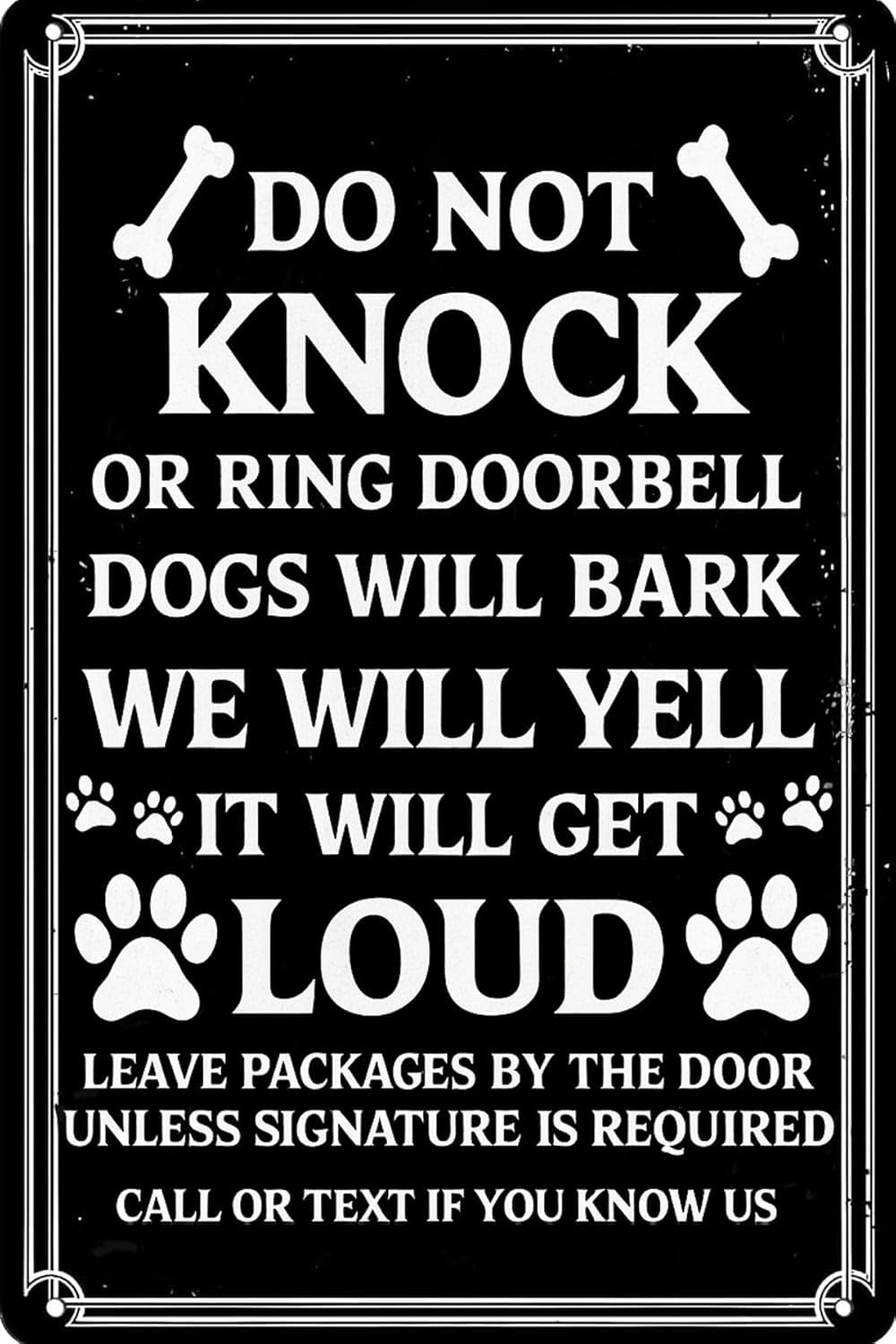 SMAZDFXX Warning Vintage Metal Tin Signs DoKnock or Ring Doorbell Dogs Will Bark Sign Leave Packages By The Door Wall Decor for Home Dog Lovers Front Fence Yard Bar 12"x16"