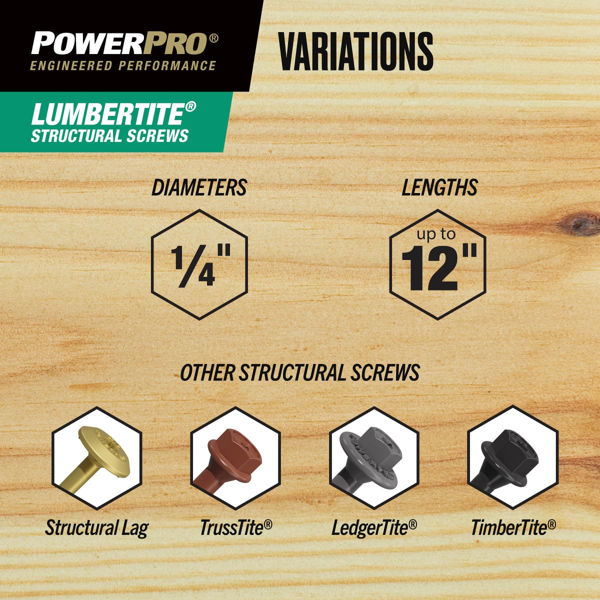 Power Pro 250 tornillos estructurales LumberTite (1/4 x 4-1/2 pulgadas) | Tornillos de madera resistentes de diseño patentado Star Drive | Cierres exteriores multicapa con revestimiento epoxi