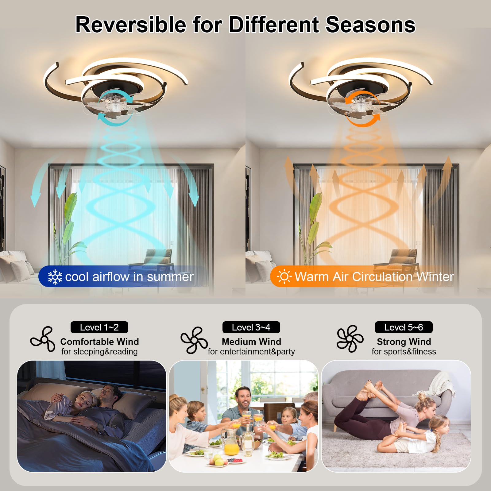 LED-Beleuchtung mit stummem Deckenventilator 45 W Deckenleuchte mit Ventilatorlicht, App und Fernbedienung, kreative Form Acrylschirm (weiß) Wohnzimmer Schlafzimmer Küche (weiß)
