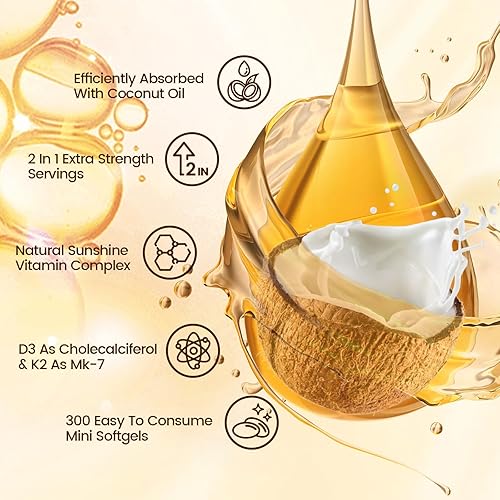 Miniatura 2 de Vitamina D3 K2 10000 UI con cápsulas blandas de aceite de coco virgen MK7-300, vitaminas D y K 2 en 1 complejo  Vitamina D3 con K2  Apoya la