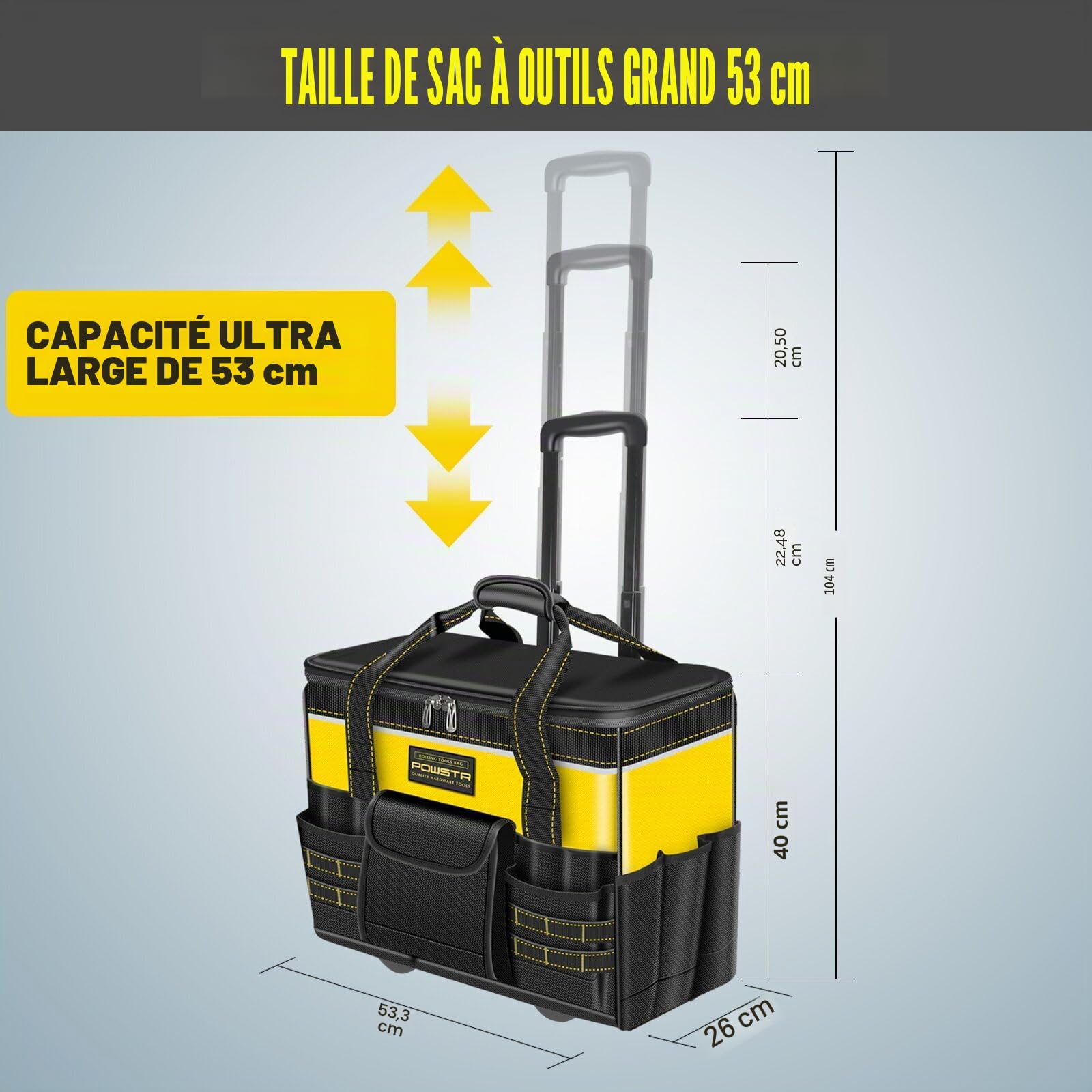 53,3cm Sac à Outils à Roulettes De Avec Roulettes, étanche Avec Poignée Télescopique, 18 Poches,Sacs à Outils Multi-usages Pour la Construction, électricien, Jaune/Noir