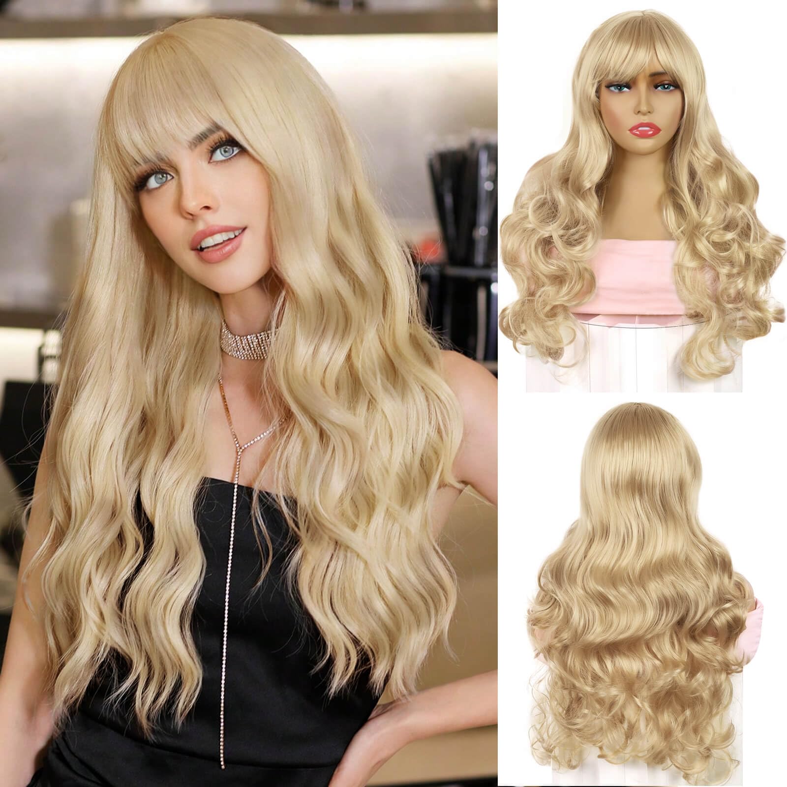 QUEENTAS 23 Inch Long Blonde Wigs for Women Natural Hair Wavy Cruly Wig Full Head Synthetic Hair the Wig with Bangs