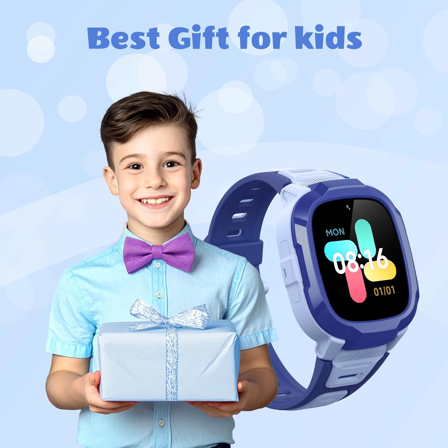 Three children smiling, with the Mibro P6 watch and icons for 'Self Camera', 'Video', and 'Main camera'.