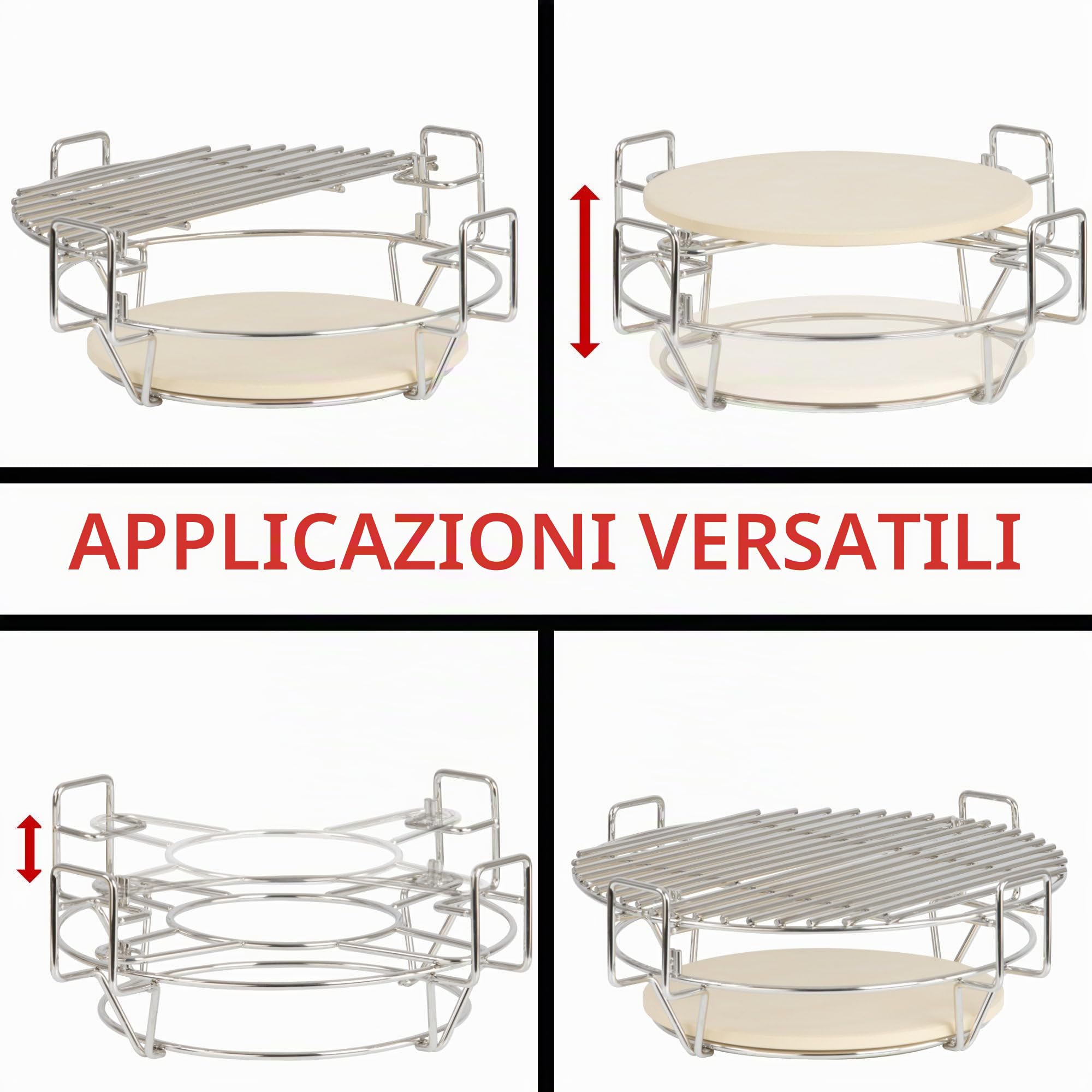 BBQ-Toro Sistema di cottura flessibile per barbecue Kamado, Ø 39 cm, griglia in acciaio inox, 3 livelli con griglia e pietra per pizza, accessori Kamado, accessori per barbecue in ceramica, griglie,