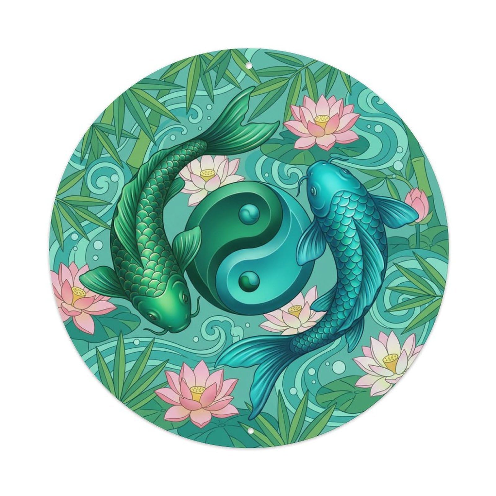 Metal Tin Sign Tai Chi Koi Fish Jade Emerald Green