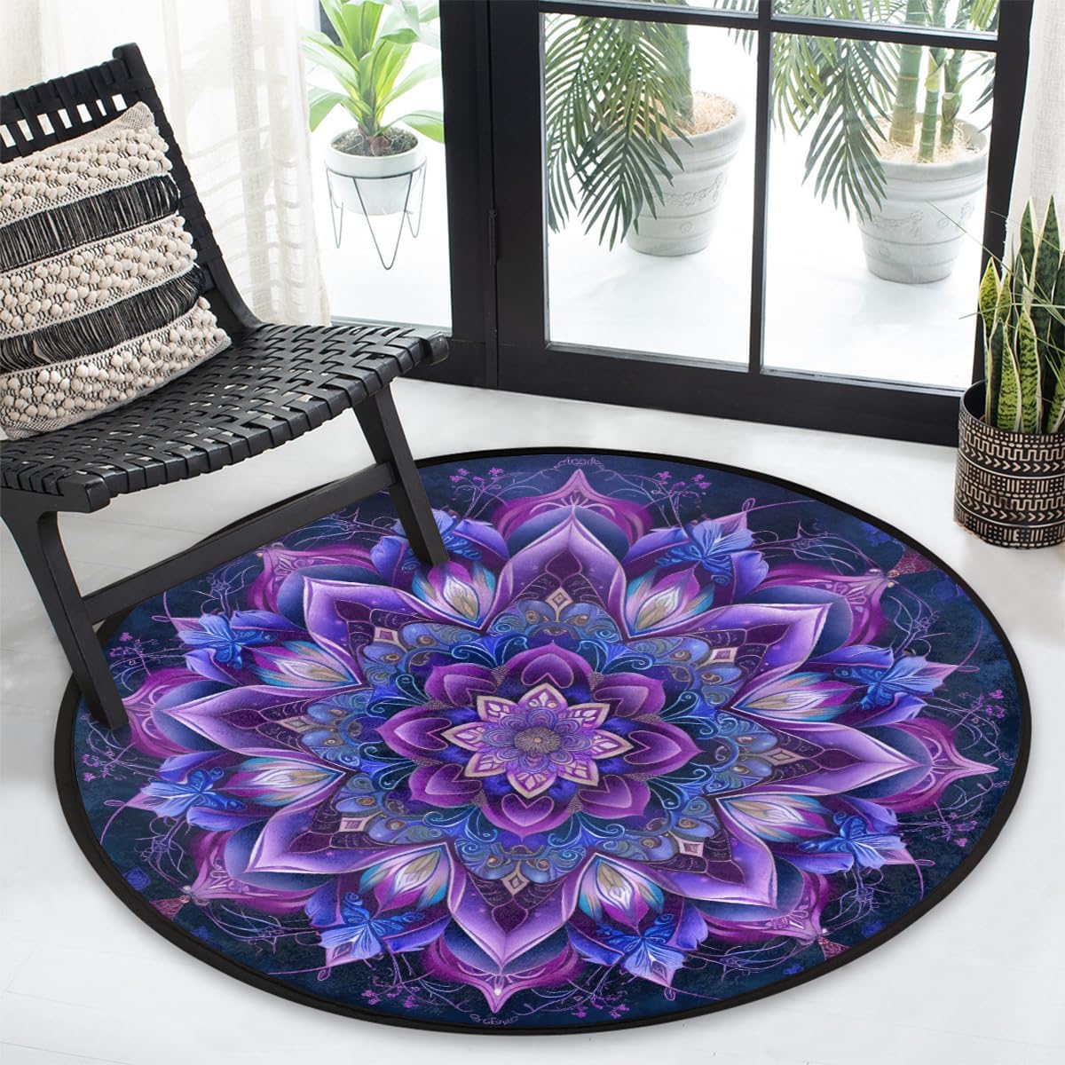 Round Rug 33.88in Indoor Circle Area Rug Beautiful Mandala Blue Flowers Round Non Slip Washable Easy -Cleaning Soft Throw Rugs Floor Carpet for Farmhouse Living Room Bedroom Nursery Room Dining Room