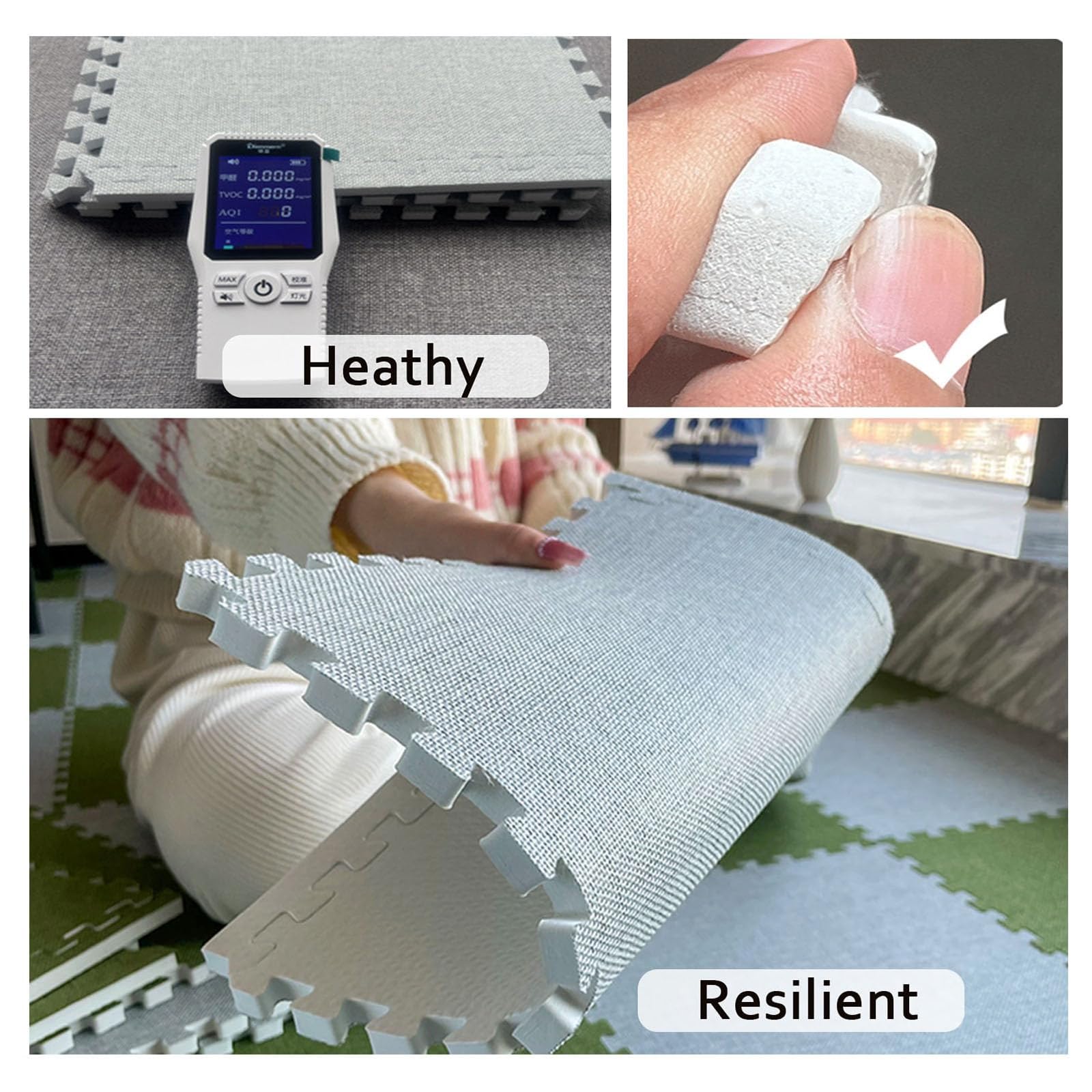 AHTCPO Interlocking Carpet Square, Cotton Linen Puzzle Foam Floor Mat with Border for Home, Yoga or Gym (30 * 30cm)(Light Gray-Light Gray,0.6cm-12p)