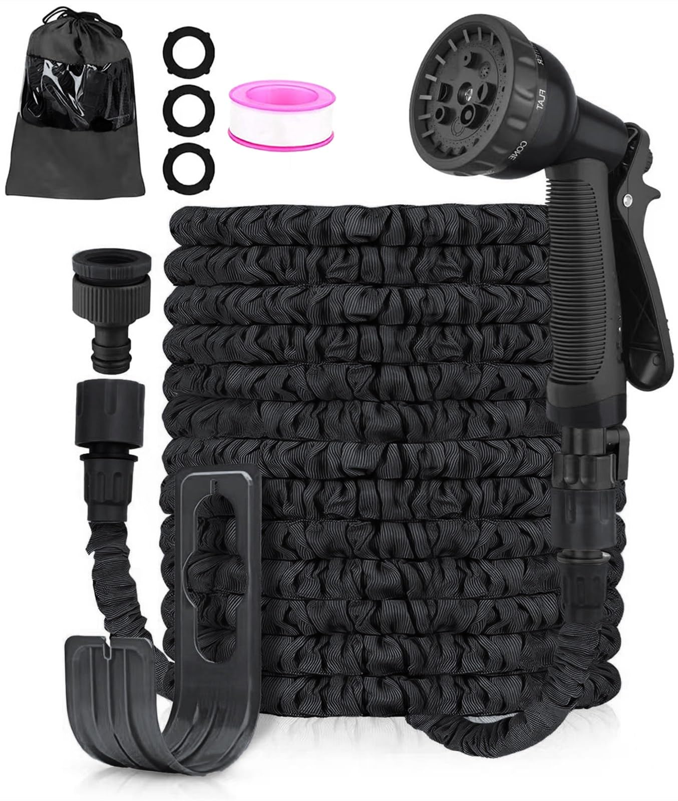 LINGKY 100FT Expandable Garden Hose Pipe - Flexible Water Hose with 3/4", 1/2" Fittings, Expanding Magic Hose, Garden Hose with 8 Function Spray Nozzle, Latex Core Hosepipe Anti-Leakage, Black, 25FT