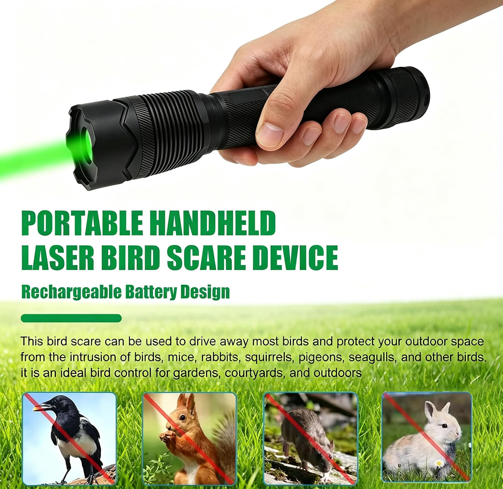 Dispositivos Portátiles para Ahuyentar Aves | Brillo Ajustable (Alto/Medio/Bajo), Recargable, Con Cubierta Protectora, Ideal Para Palomas, Pájaros Carpinteros, Gorriones
