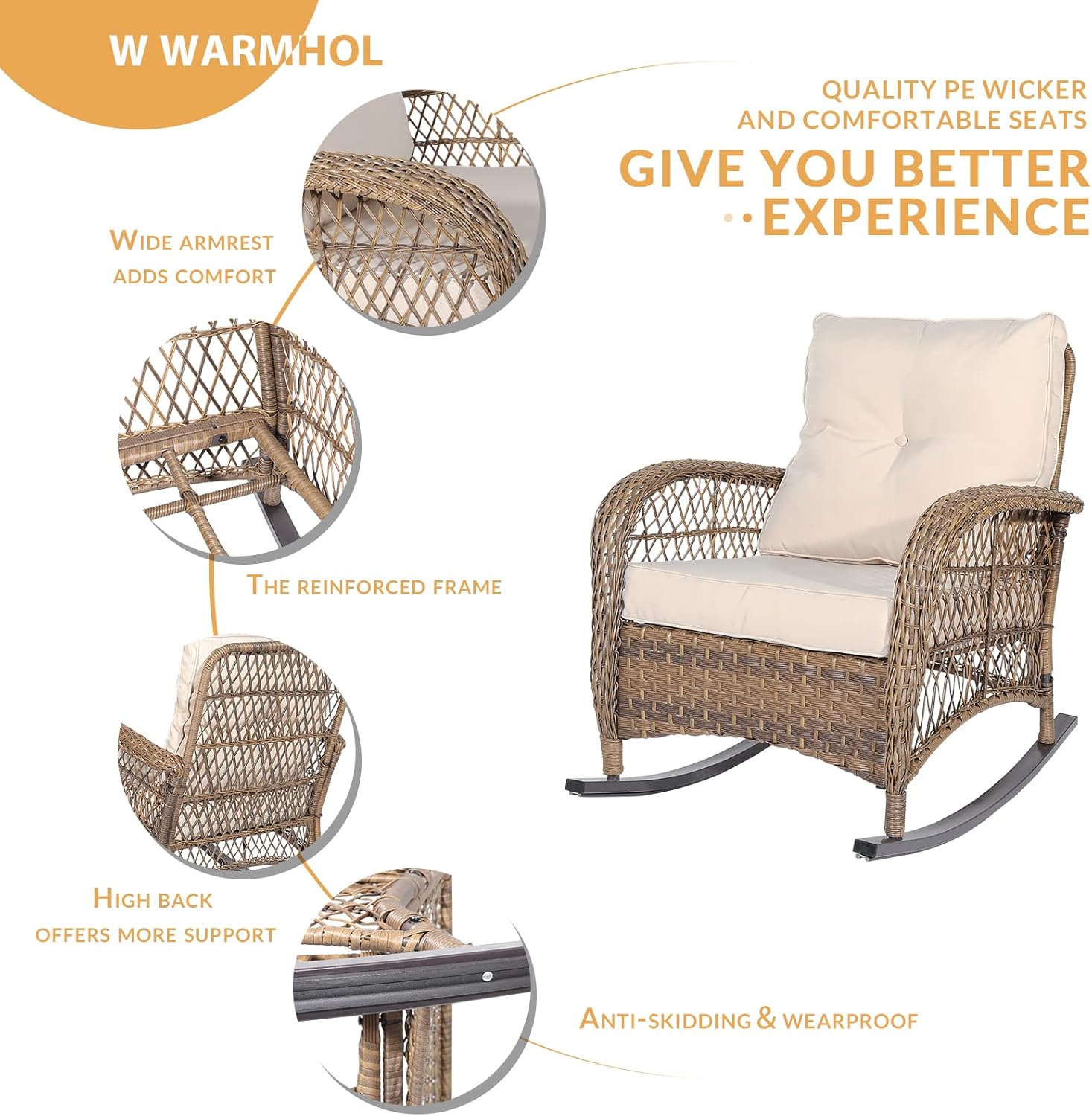 Outdoor Wicker Rocking Chair with Thickened Cushions, All-Weather Rattan Patio Rocking Chairs, Rocker Wicker Chair for Backyard & Porch Garden, Beige