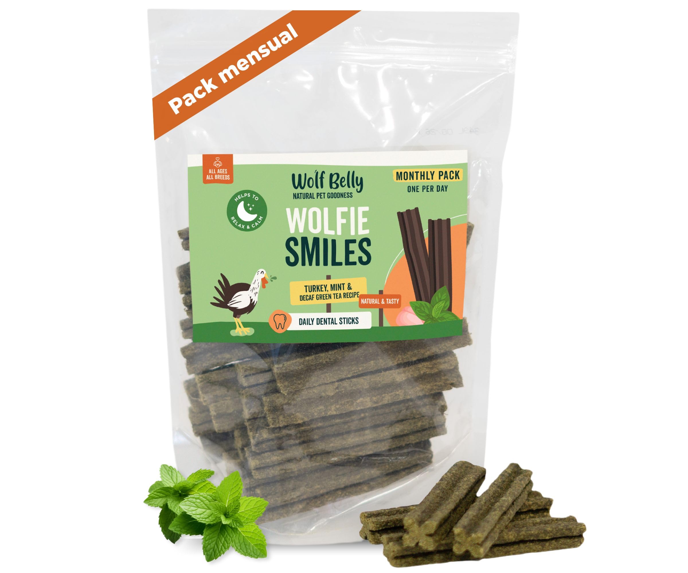 Wolf Belly - Stick Dental Perro Natural (28 uds) Chuches para Perros 93% Pavo y Menta sin Cereales, Higiene Dental & Aliento Fresco, Calma y Entretiene, Snack Delicioso Sabor Carne, Rico en Proteínas