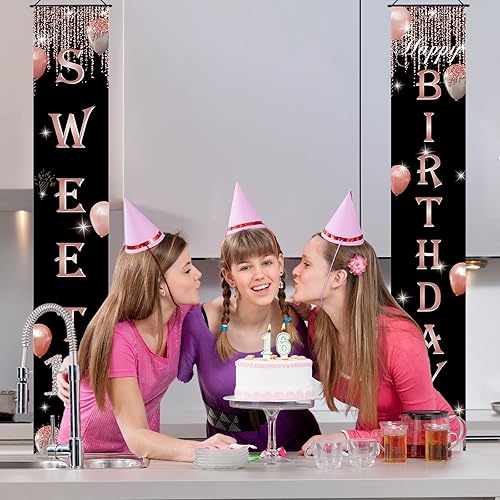 Miniatura 3 de Decoración de fiesta con texto en inglés "Sweet 16", letrero para puerta, letrero de feliz cumpleaños de 16 años para niñas, oro rosa, suministros