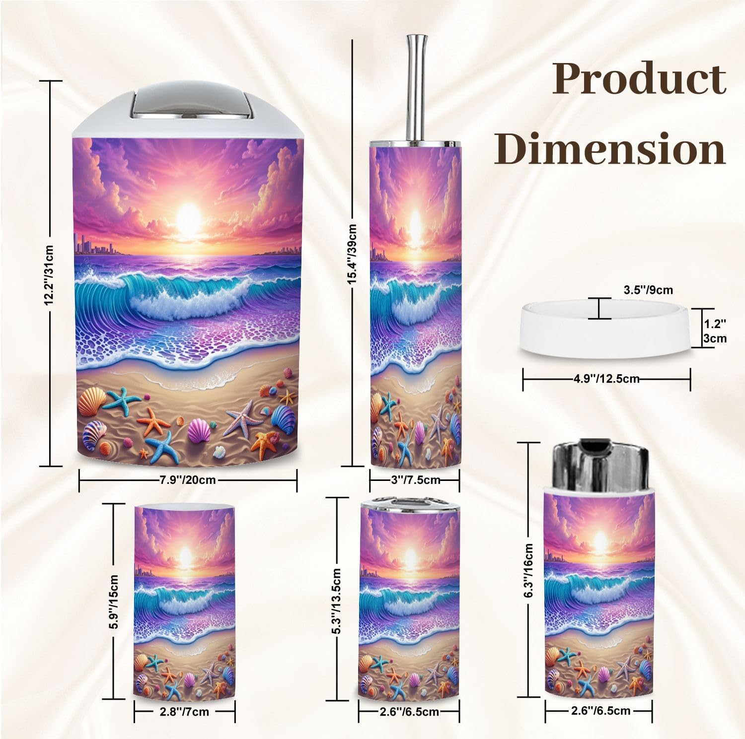Bathroom Accessory Set 6 Piece Purple Sunrise Beach Coastal Seashell Seafoam Bath Curtain Trash can, Toothbrush Holder, Soap Dispenser, Soap Dish, Toothbrush Cup, Toilet Brush Holder