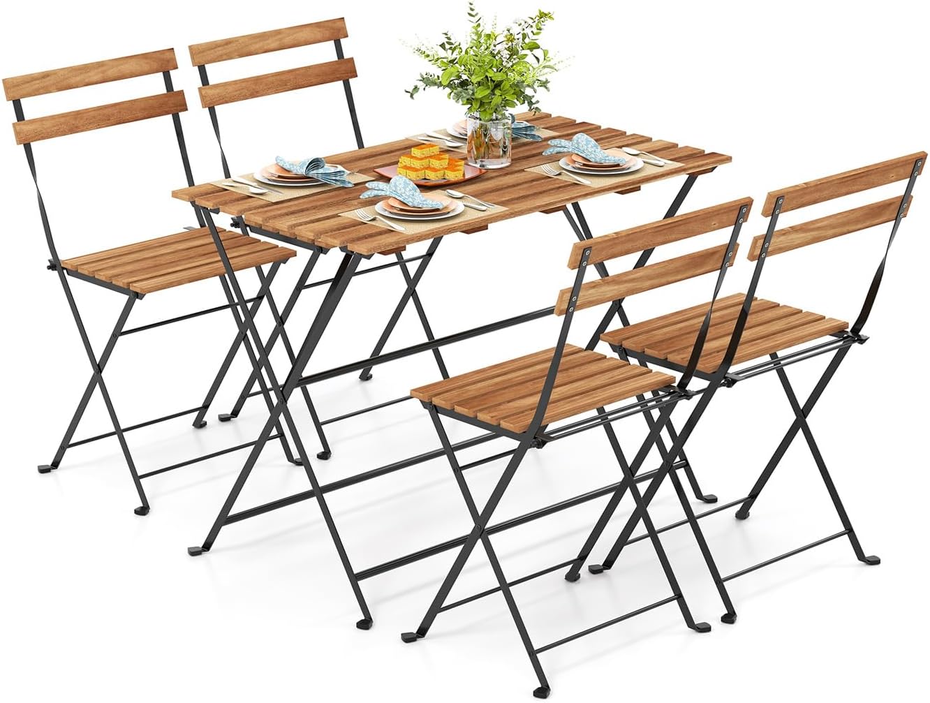 Tangkula 5 Piece Patio Folding Dining Table and Chair Set, Outdoor Space Saving Rectangular Acacia Wood Table and Foldable Chairs with Metal Frame, for Yard Porch Deck Backyard