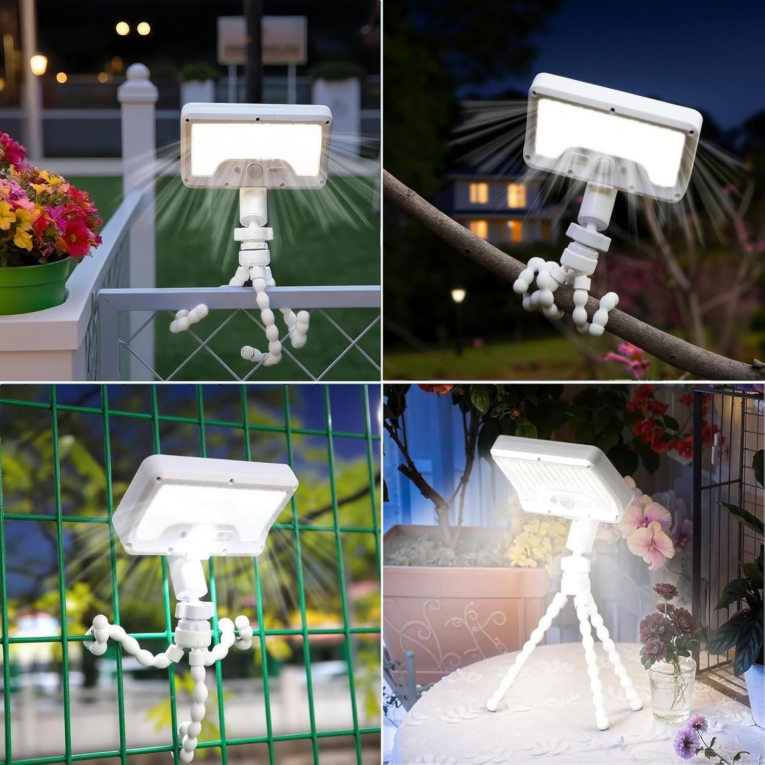 Motion Sensor Outdoor Lights with Flexible Octopus Tripod - 600LM Solar Sercurity Lights Waterproof, Dual Charging Solar Ourdoor Light for Camping,Fence, Patio (White-2pcs)
