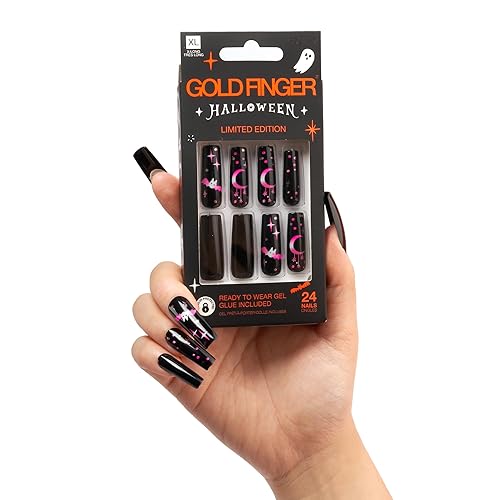 Miniatura 10 de Gold Finger - 24 uñas postizas de Halloween, uñas postizas largas cuadradas a presión, pegamento en uñas espeluznantes fantasma, araña, calabaza,