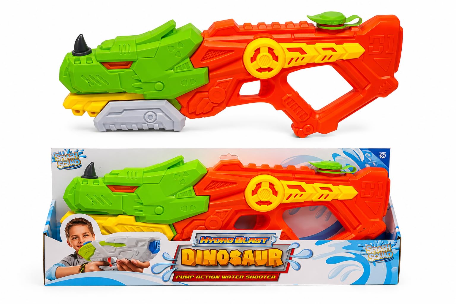 51cm Super Splash Squad Hydro Blast Triceratops Dinosaur Pump Action Water Gun 1000ml Tank 9-10m Range Large Water Blaster Water Shooter Water Pistol for Kids Garden Beach Pool Summer Toys