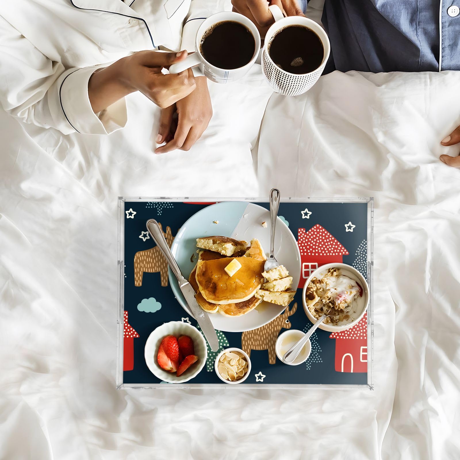 Bandejas acrílicas transparentes para servir con asas, bandeja de desayuno de 12 x 16 pulgadas, diseño personalizado transparente para vacaciones de invierno, bandeja de servir impermeable azul